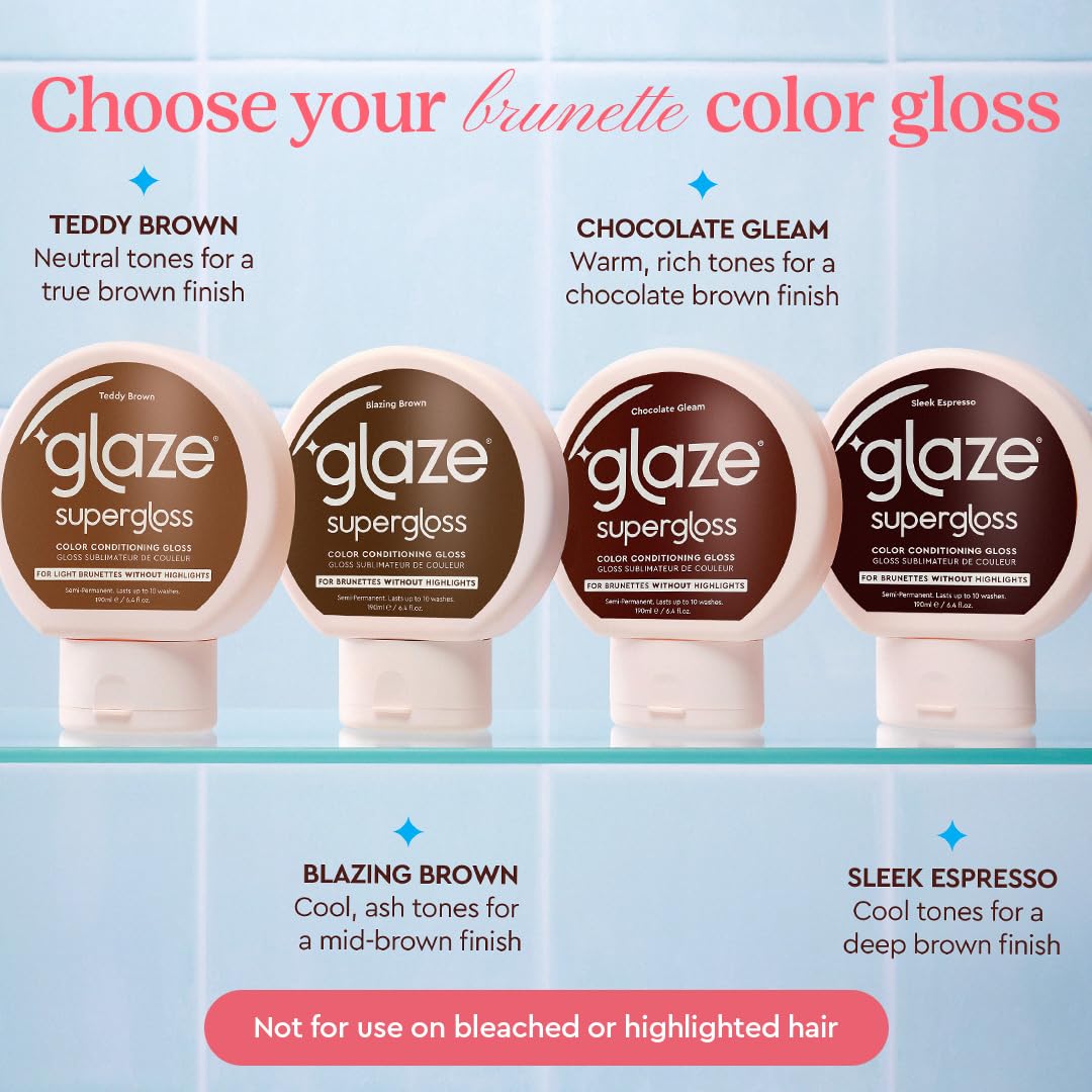 Glaze Supergloss Color Conditioning Gloss – Hydrating Semi-Permanent Color Hair Gloss & Shine Boost – For Natural Dark Brown Hair – 6.4 Fl Oz - Sleek Espresso