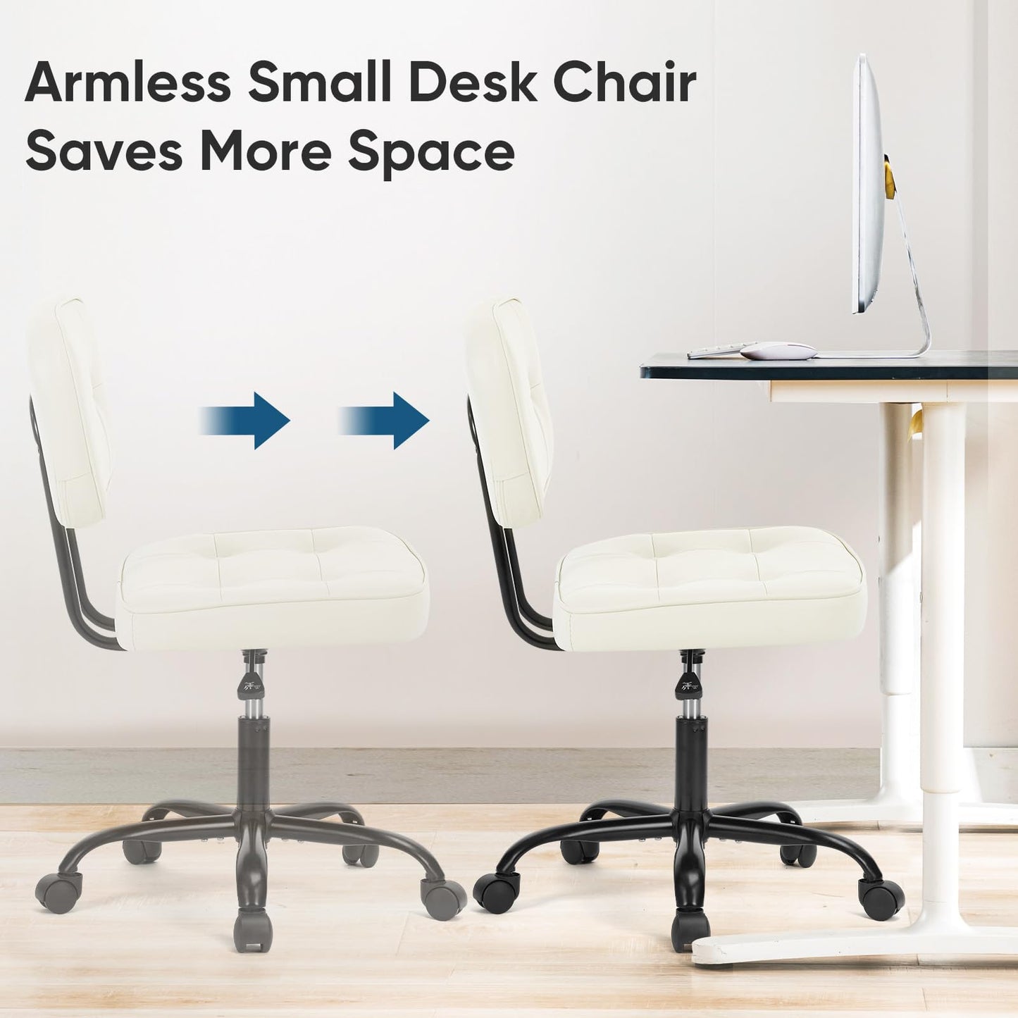 DUMOS Home Office Desk Chair - Ergonomic Armless PU Leather Computer Rolling Task Chair，with Comfy Lumbar Support and Height Adjustable, Vanity, Bedroom, Living Room, Beige