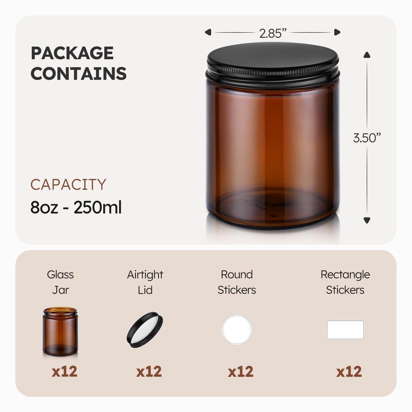 8 oz Amber Glass Jars with Metal Lids, 12 Pack Amber Small Glass Jars with Black Lids, Lotion Container Empty Cosmetic Travel Containers for Sample, Cream, Lotion, Honey, Powder
