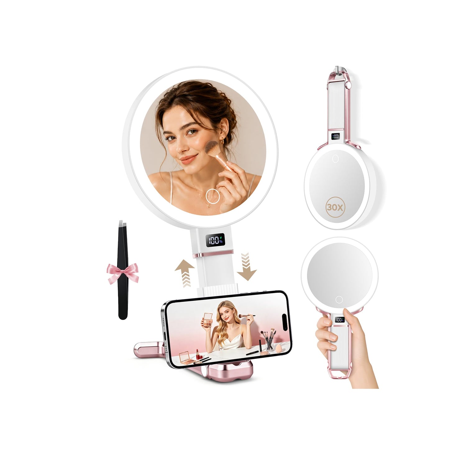 MIYADIVA Travel Makeup Mirror with Lights, Height Adjustable 30X/1X Double-Sided Magnifying Mirror, Portable Foldable Vanity Mirror with Digital Display & Phone Holder, Handheld Tabletop Hanging