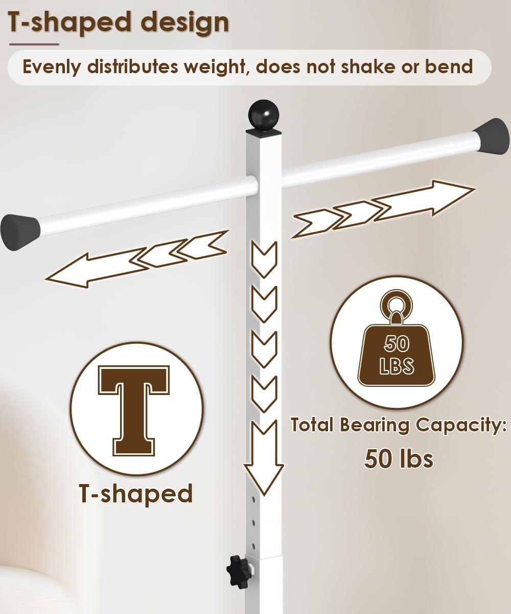 Ansionsol 60-66 Inch Adjustable Shopping Bag Rack with Wheel, Heavy Duty Metal T-shaped Grocery Bag Holder for Retail Stores, Large Bag Display Stand for Malls,Vendor,Boutique,Trade Show, 6 Arms,White