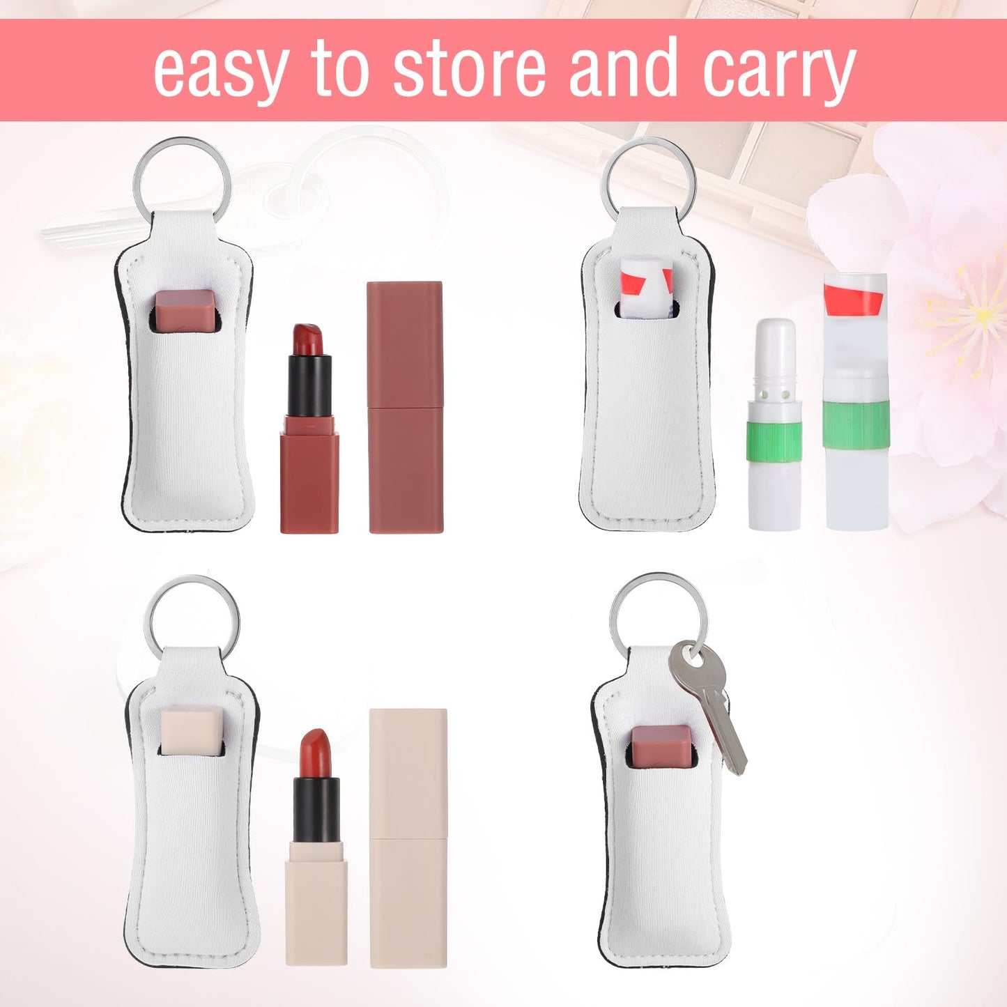Pafeooui 48 Pcs Sublimation Lip Balm Keychain Holder, Blanks Neoprene Lipstick Protective Cases for Women DIY Travel Crafts White