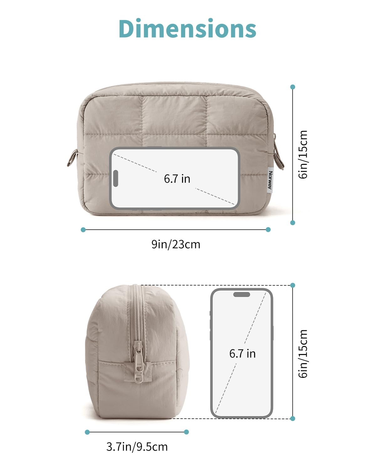 Narwey Quilted Makeup Bag for Women Girl, Puffer Travel Cosmetic Bag Puffy Make Up Bag Organizer, Cute Travel Toiletry Bag for Toiletries (Khaki)