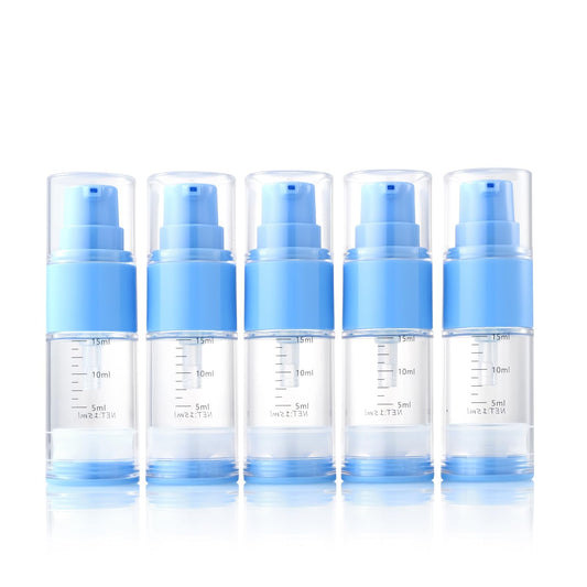 XQNCBY 0.5oz/15ml Travel Airless Pump Bottles, 5 Pack Refillable Vacuum Cosmetic Containers with Clear Organizer Case & Labels, Small Lotion Dispenser Bottles for Skincare, Toiletries & Cosmetics
