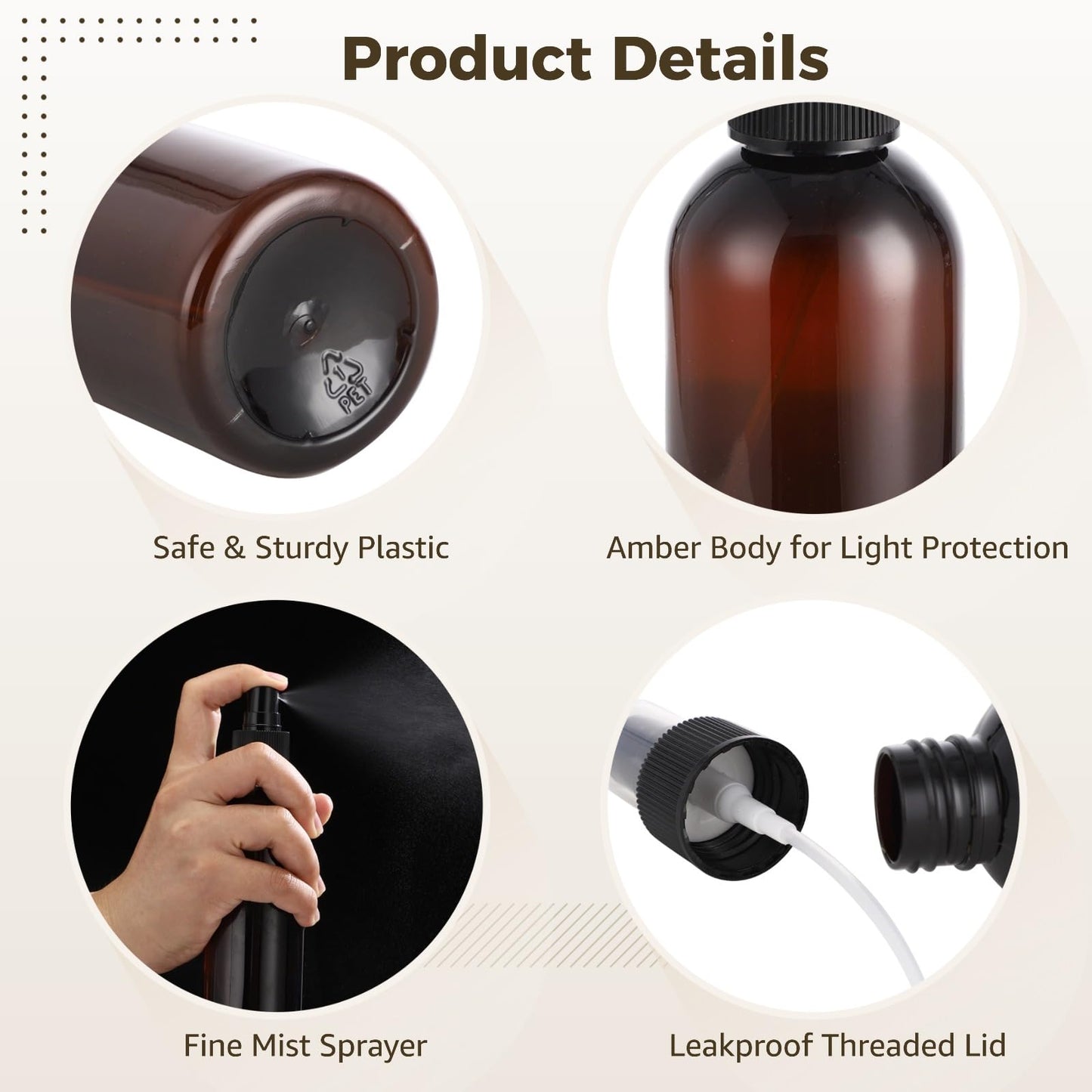 32 Pcs Plastic Amber Spray Bottles 8 oz - Small Fine Mist Cleaning Bottles, Empty Refillable Atomizer Containers, Portable Leak-proof Travel Dispenser Bottles for Essential Oils, Perfume Products
