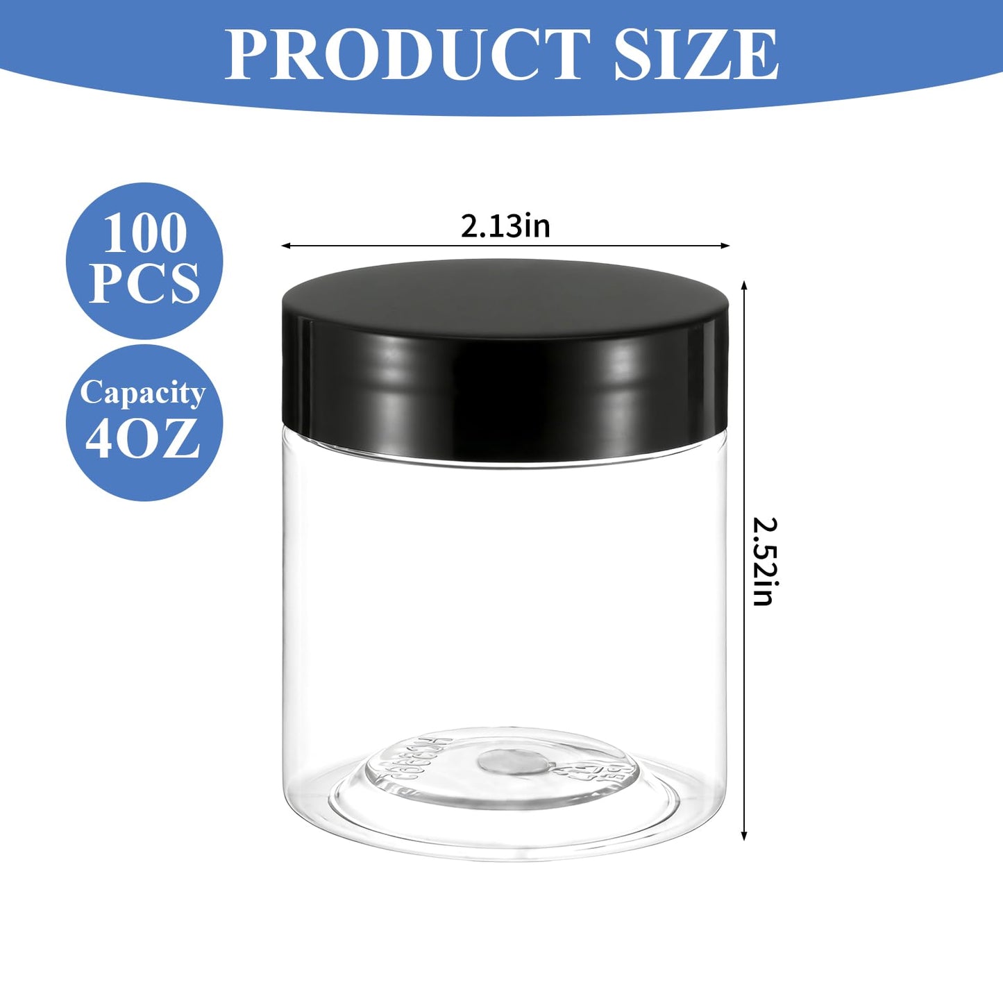 100 Pack 4Oz Plastic Jars Round Clear Cosmetic Container with Black Lids, Wide Mouth Small Jars Leak-Proof for Lotion, Cream, Ointments, Makeup, Eye shadow, Rhinestone, Samples, Pot, Travel Storage