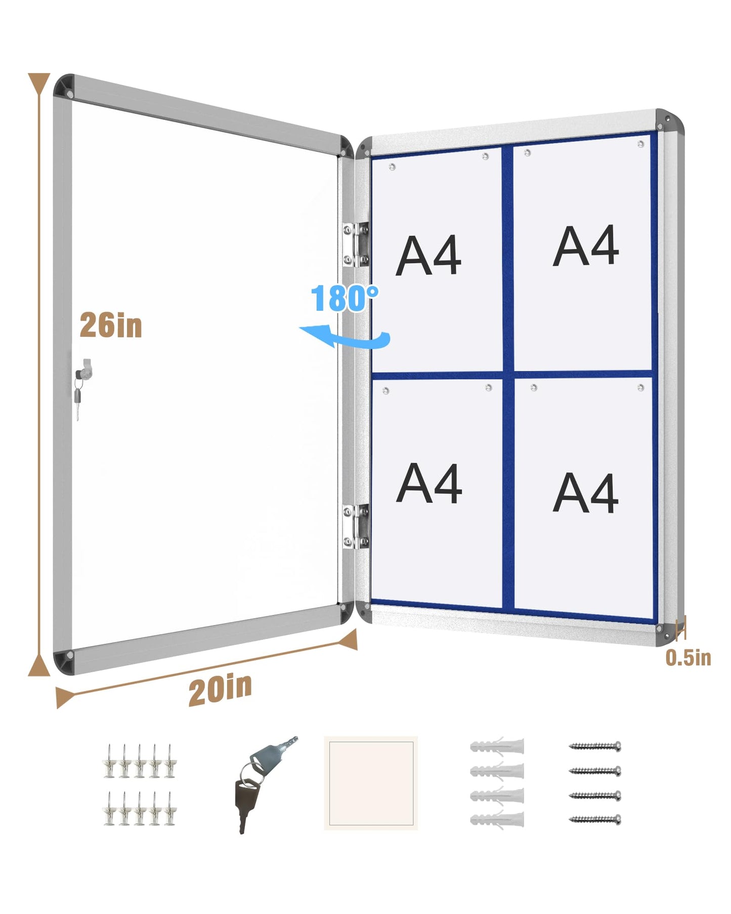 Mifuro 26"x20" Enclosed Bulletin Board, Lockable Weather-Resistant Aluminum Cork Noticeboard for School & Office, Silver Frame w/Blue Flet