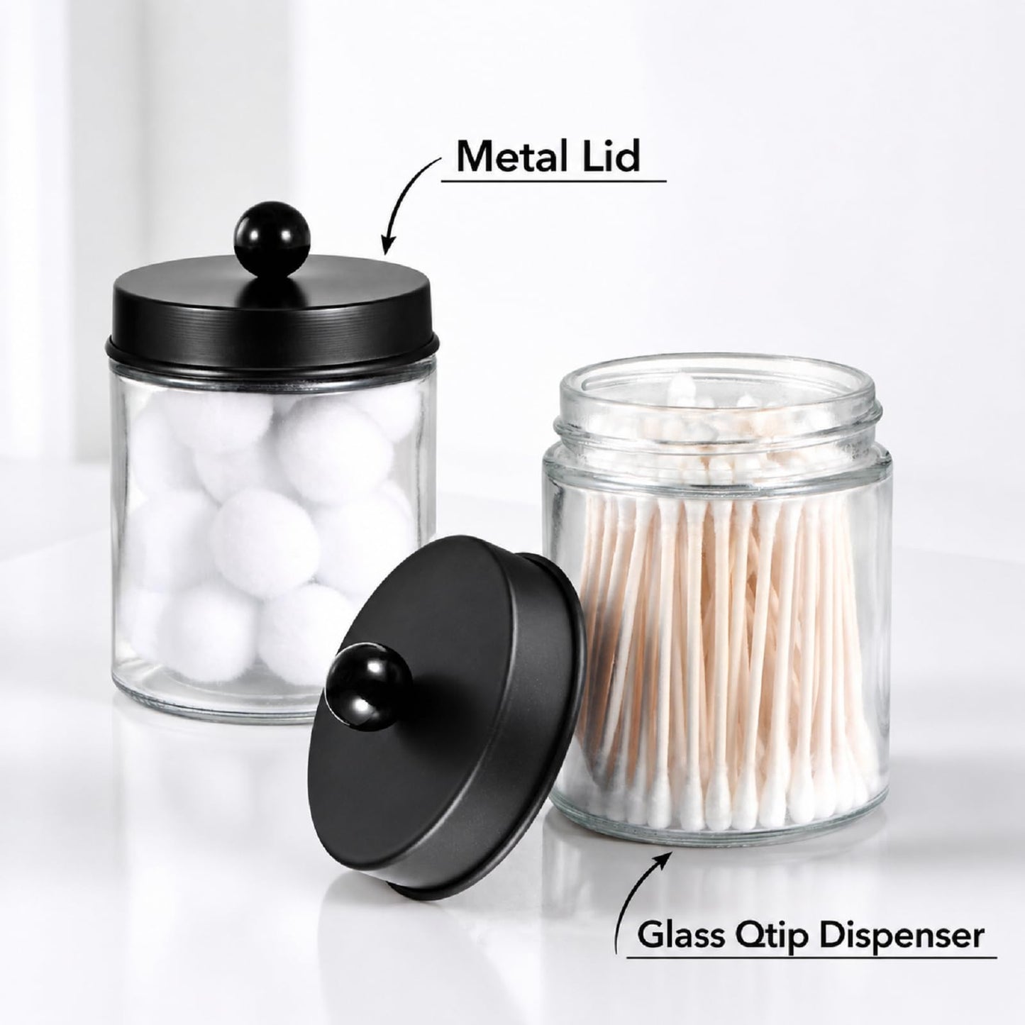 Amolliar 4 Pack Glass Apothecary Jars Bathroom Vanity Storage Organizer Set-Qtip Dispenser Holder with Stainless Steel Lids &Cute Stickers-Countertop Canister for Qtips,Cotton Swabs,Makeup Sponges