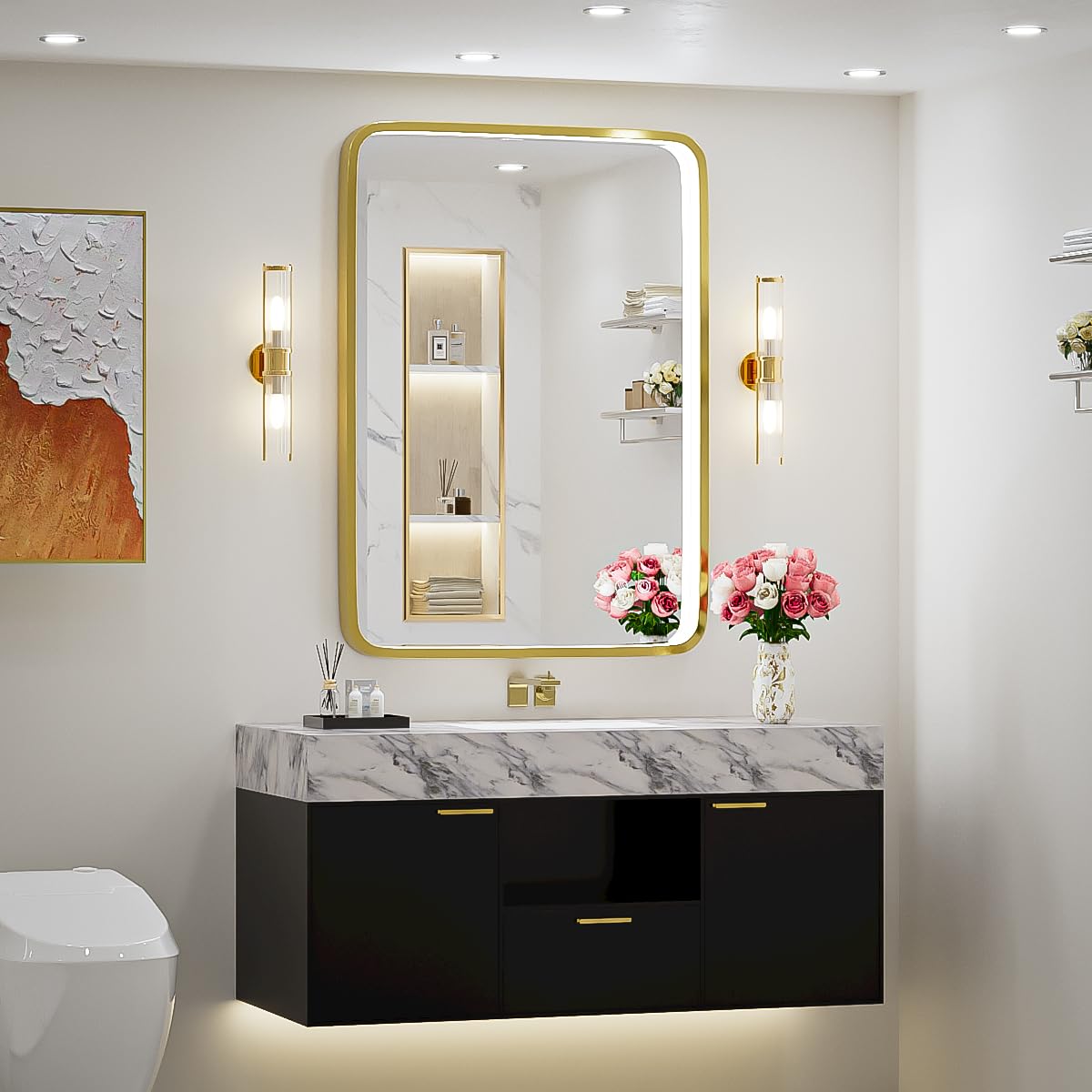 FTOTI LED 36x24 Inch Lighted Bathroom Mirror,Gold Frame,3 Color