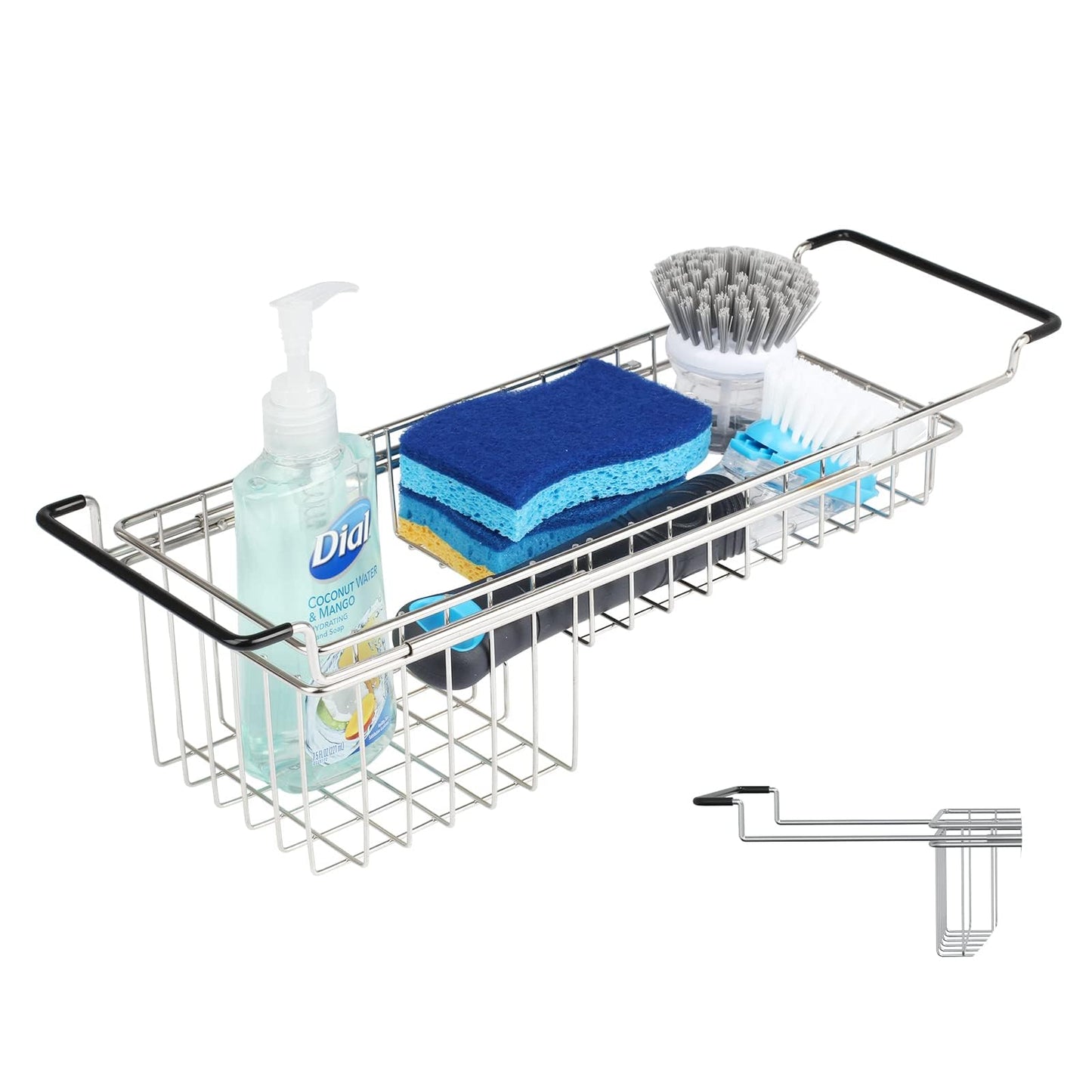 TreeLen Over The Kitchen Sink Caddy Sponge Holder Organizer Drying Rack Expandable for Sponge Brush Soap 13.8" to 20.8", Stainless Steel