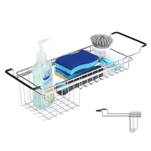 TreeLen Over The Kitchen Sink Caddy Sponge Holder Organizer Drying Rack Expandable for Sponge Brush Soap 13.8" to 20.8", Stainless Steel