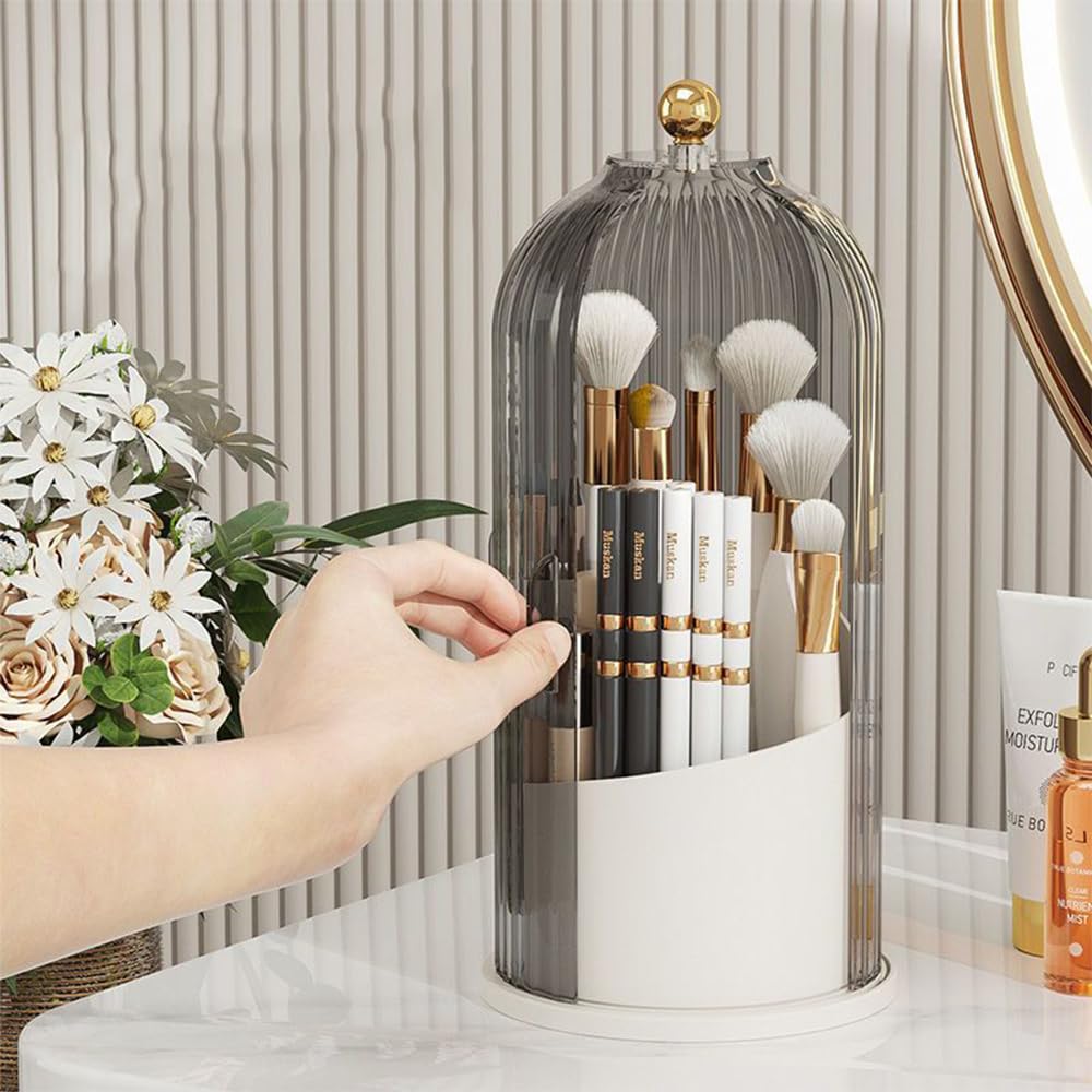 Haiansan Makeup Brush Holder Organizer with Lid, 360° Rotating Clear Dustproof Cosmetics Storage, Makeup Brushes Cup Pen Holder for Vanity Desktop Bathroom Countertop (Clear Black Cap)
