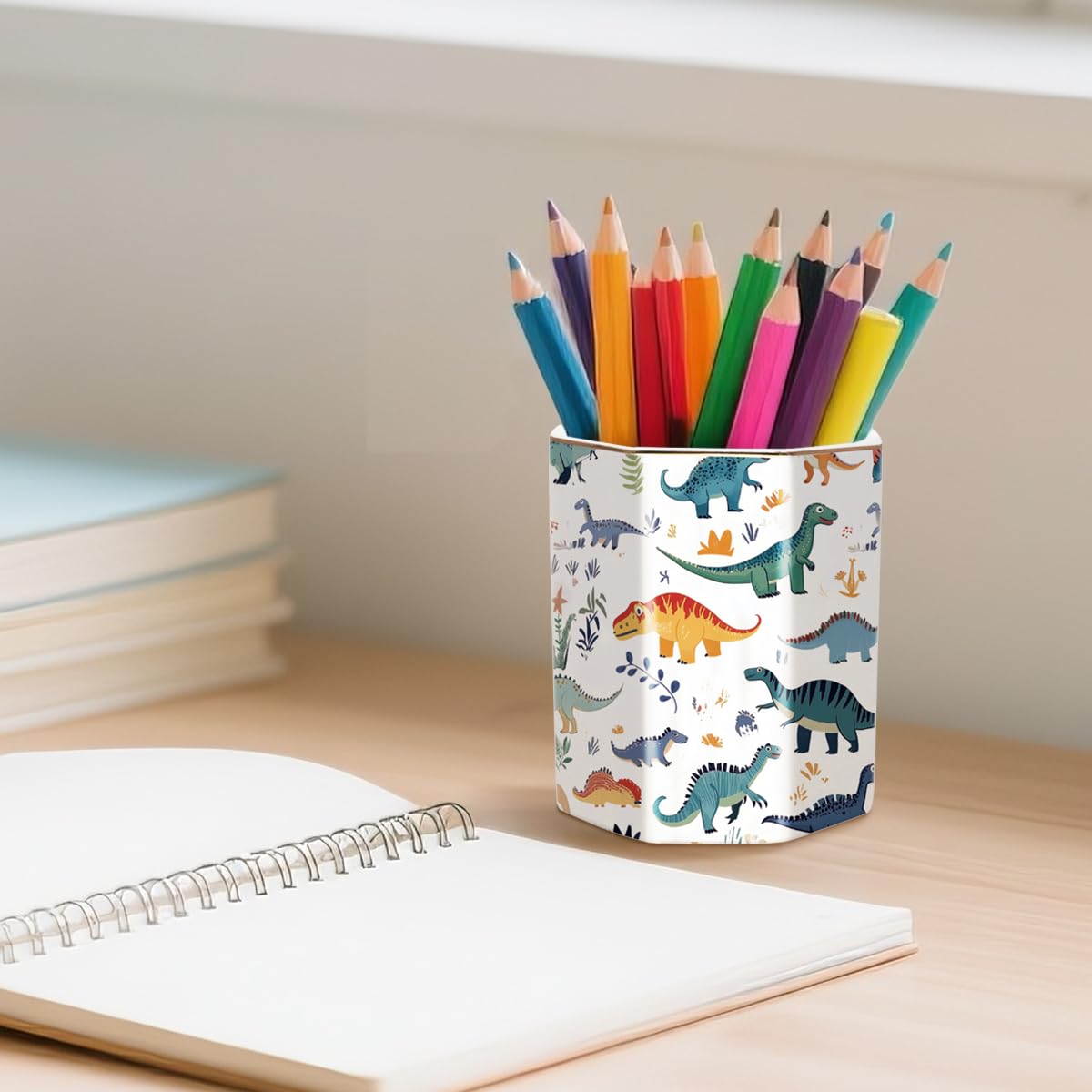 WAVEYU Cute Pen Holder, Pencil Cup for Desk, Desk Organizer, Durable Ceramic Decorative Makeup Brush Desktop Accessories, Stylish Stationery for Office, Home, Cute Dinosaur Pattern