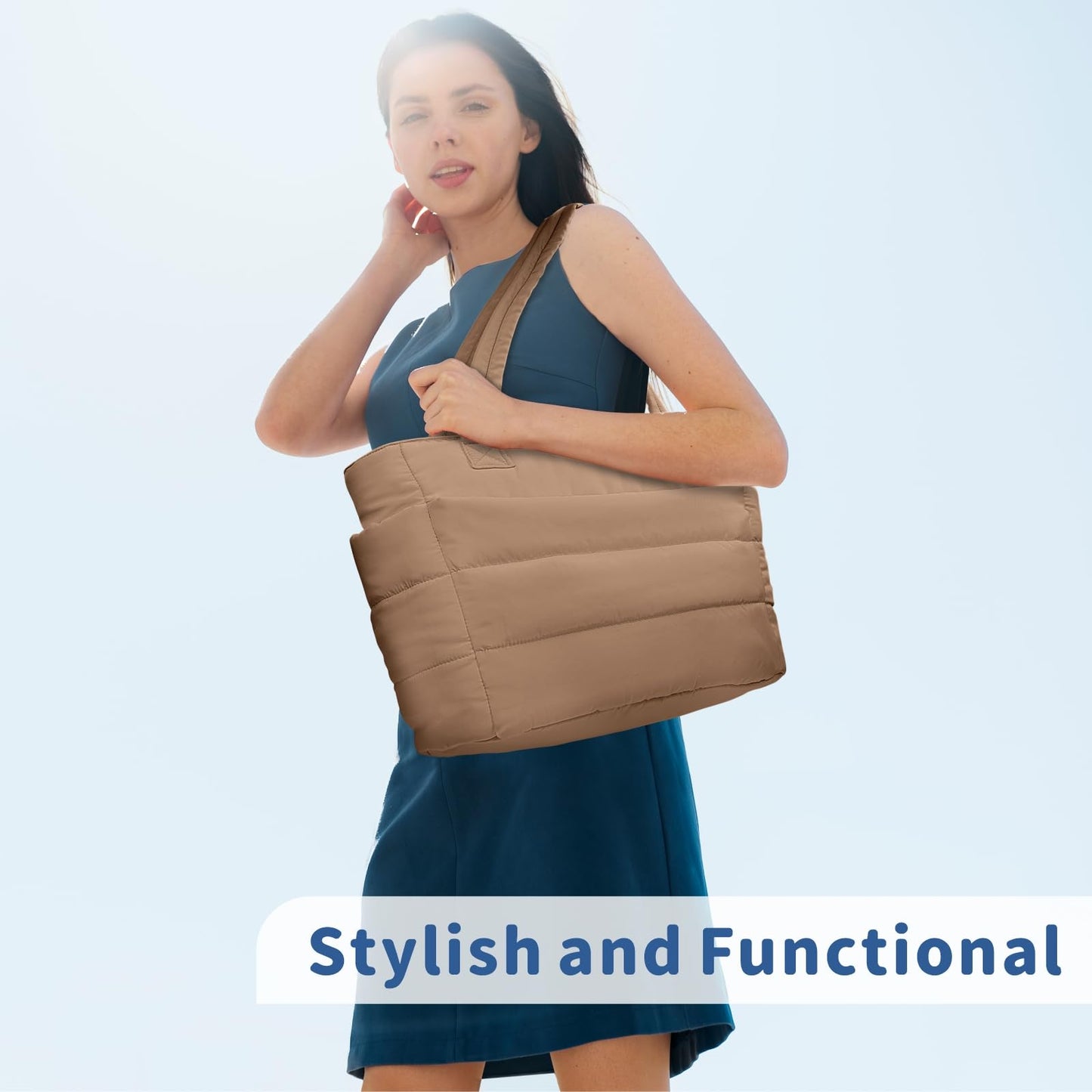 TOPDesign Puffer Tote Bag for Women, Lightweight Puffy Handbag with Compartments & Cosmetic Bag, Quilted Shoulder Bags for Work, Travel, Gym, Gifting (M Khaki)