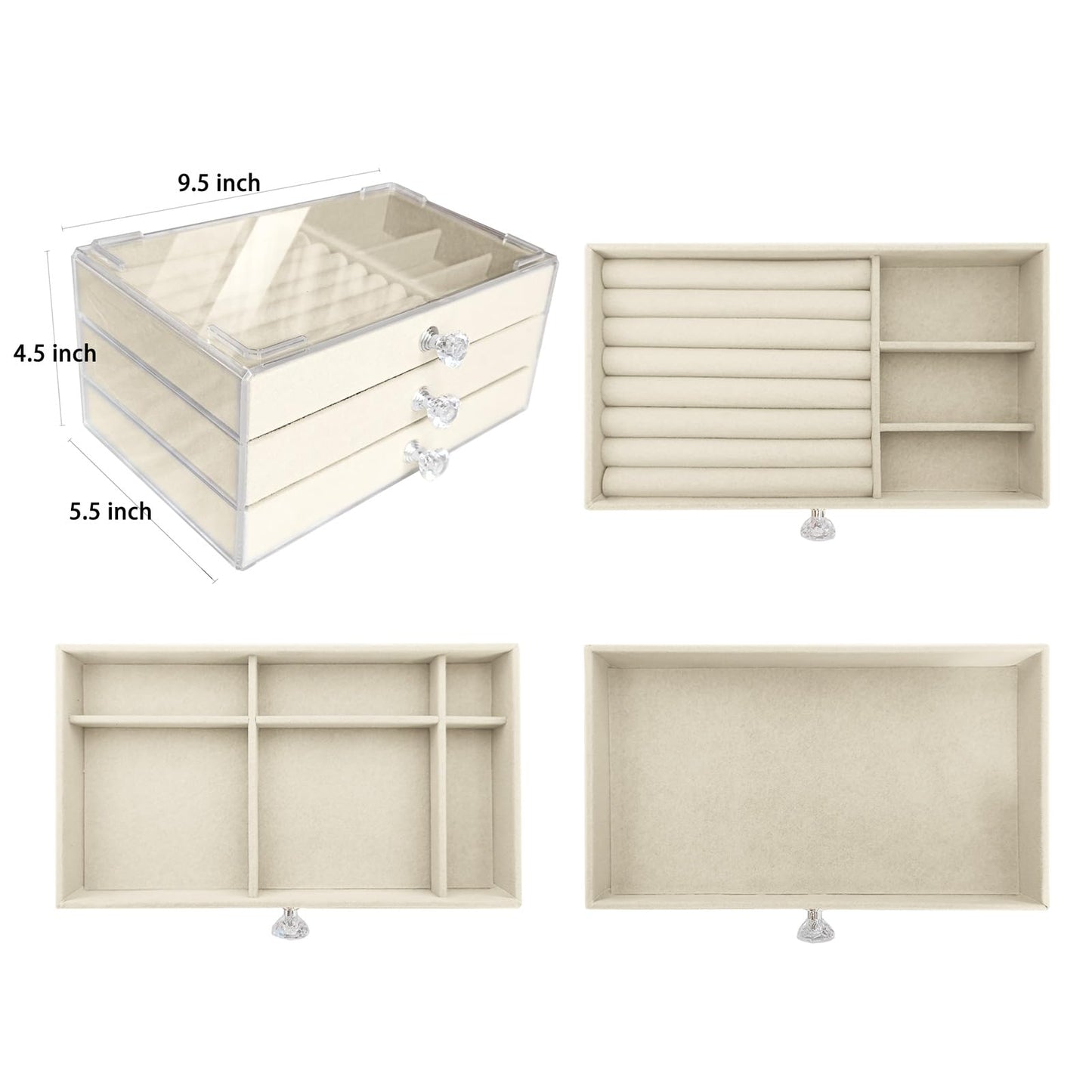 Jemjosh Clear Acrylic Velvet Jewelry Organizer with 3 Drawers, Stackable Display Storage Earrings Necklace Rings Bracelets Box Holder Case for Women, Beige