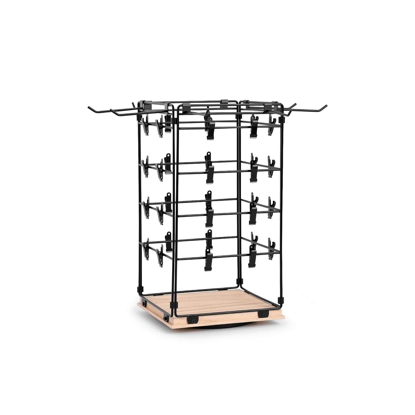 Koocoot 4-Tier 360 Rotating Chip Rack Display Stand with 32 Clips & 8 Hooks, Metal Countertop Snack & Candy Display Rack Organizer for Store, Party, Retail