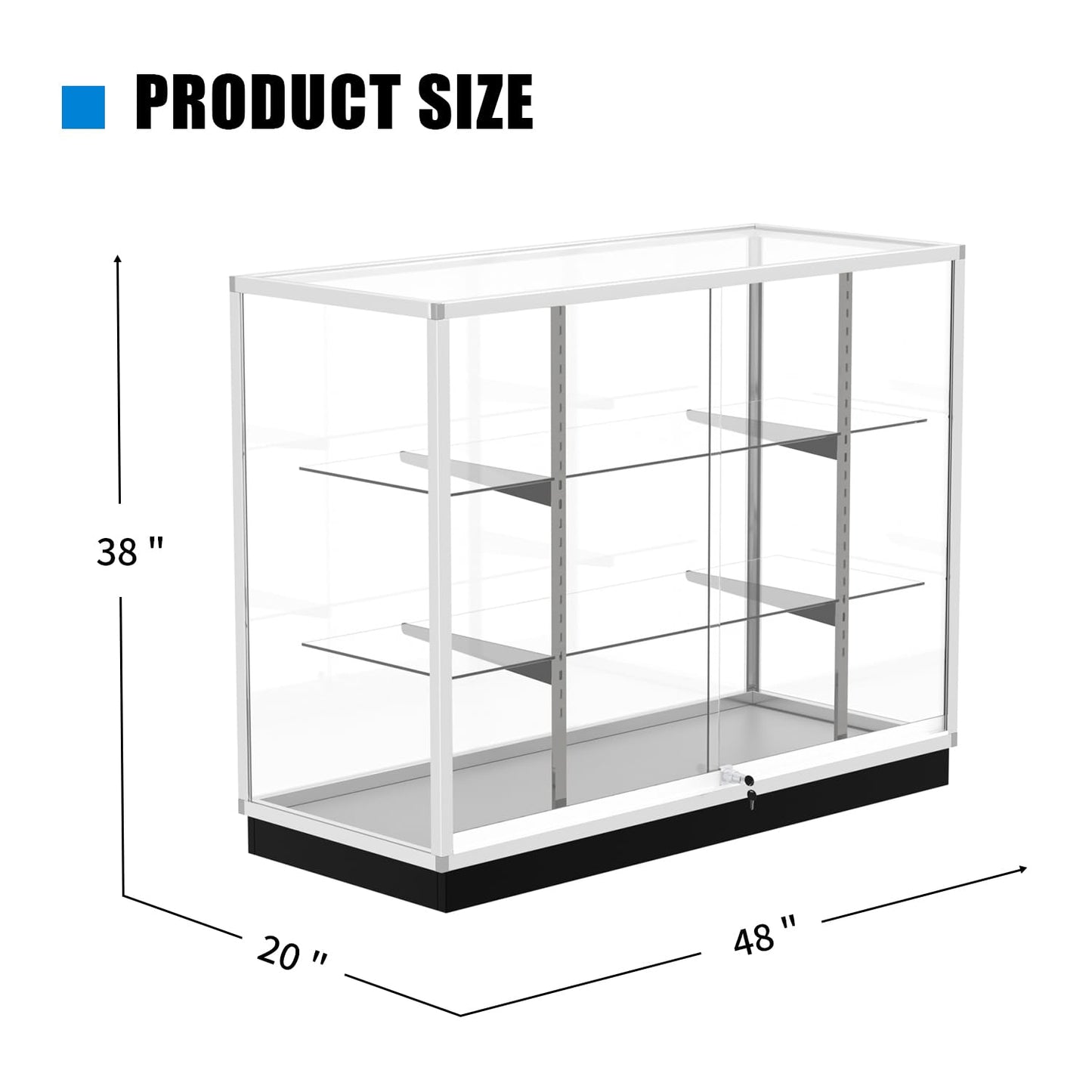 48" Glass Display Showcase Cabinet – Silver Aluminum Frame, Tempered Glass Shelves, Lockable Sliding Doors & LED Lighting – Extra Vision Retail Fixture for Stores, Exhibits & Collectibles