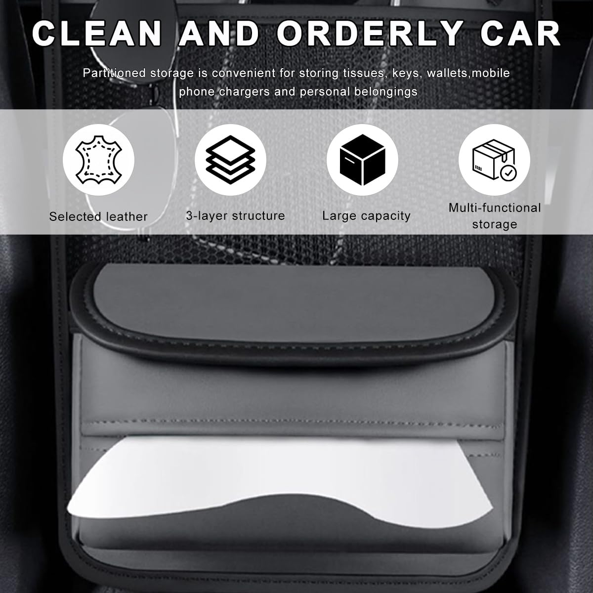 MTRPS Car Purse Holder Between Seats, Nappa Leather Front Seat Storage Bag with Tissue Holder, Large Capacity Automotive Console Organizer for Document Phone Wallet, Car Accessories (Gray)