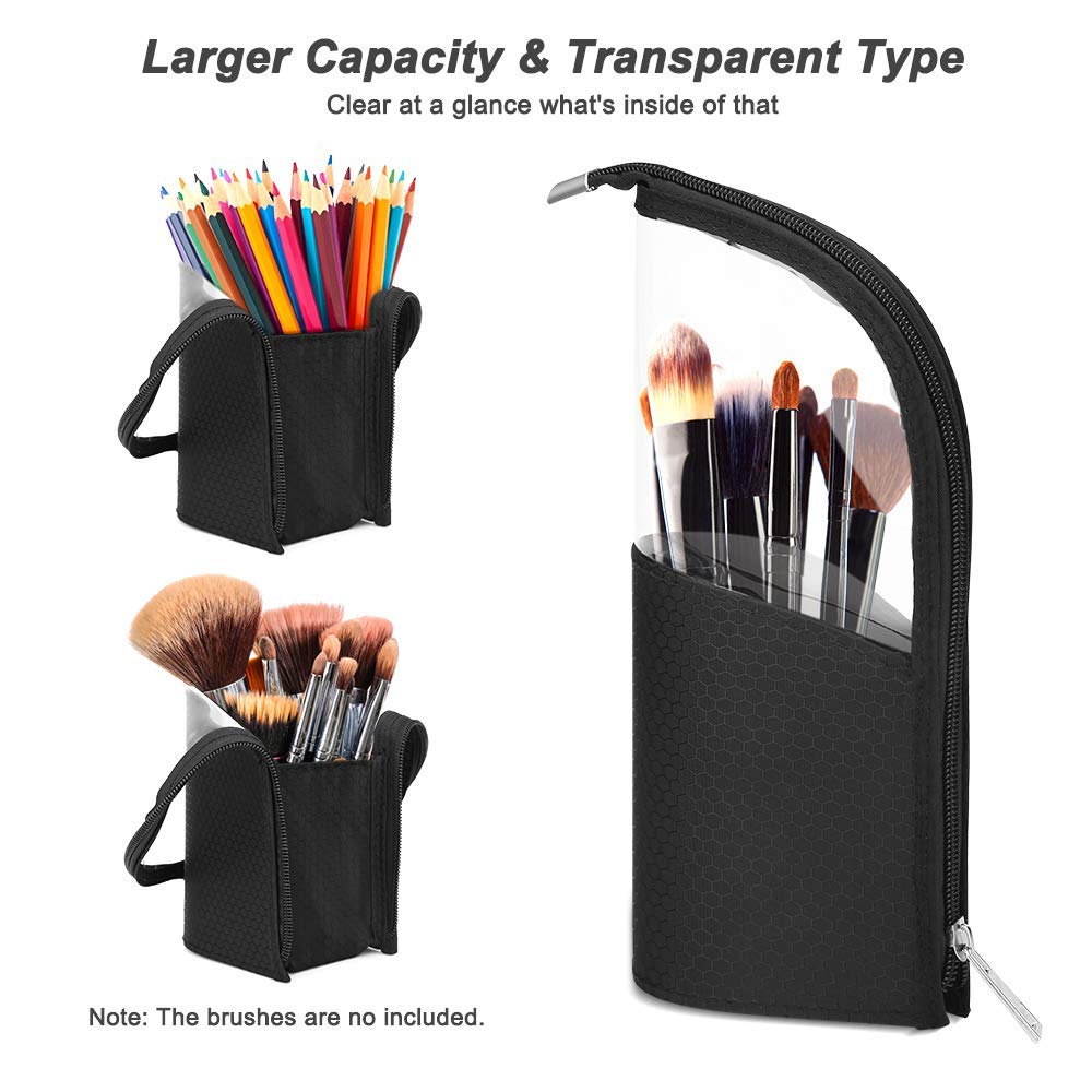 couragejoy Travel Make-up Brush Holder Organizer Bag，Clear Plastic&Oxford Cosmetic Zippered Case，Portable Waterproof Stand-Up Makeup Brush Pouch, Professional Artist Small Toiletry Cup (Black)…
