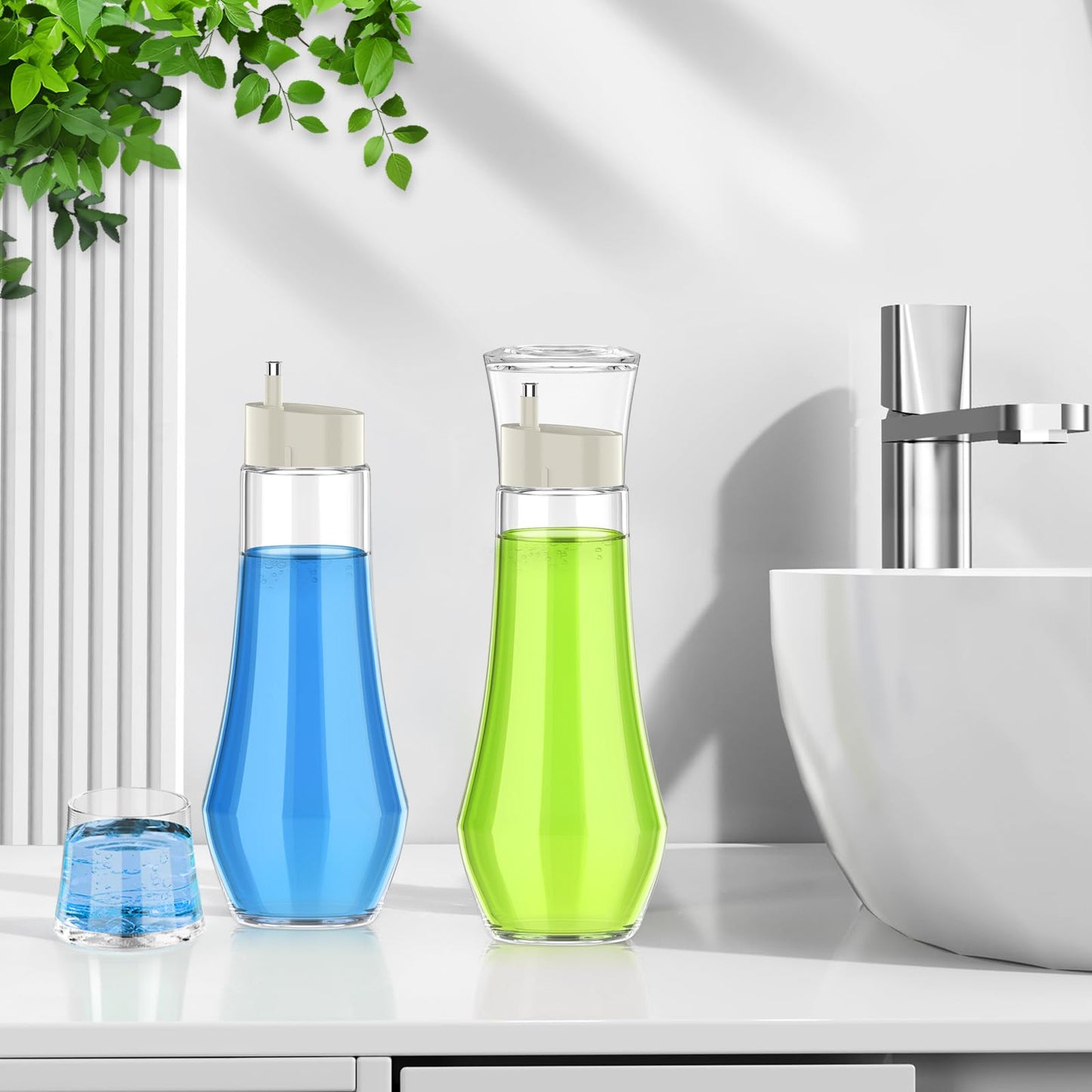 BTIFU Glass Mouthwash Dispenser for Bathroom, 8.8oz Refillable Mouth Wash Container Bottle with Lid Cup, Small Clear Mouthwash Dispensers Decanter for Countertop, Set of 2