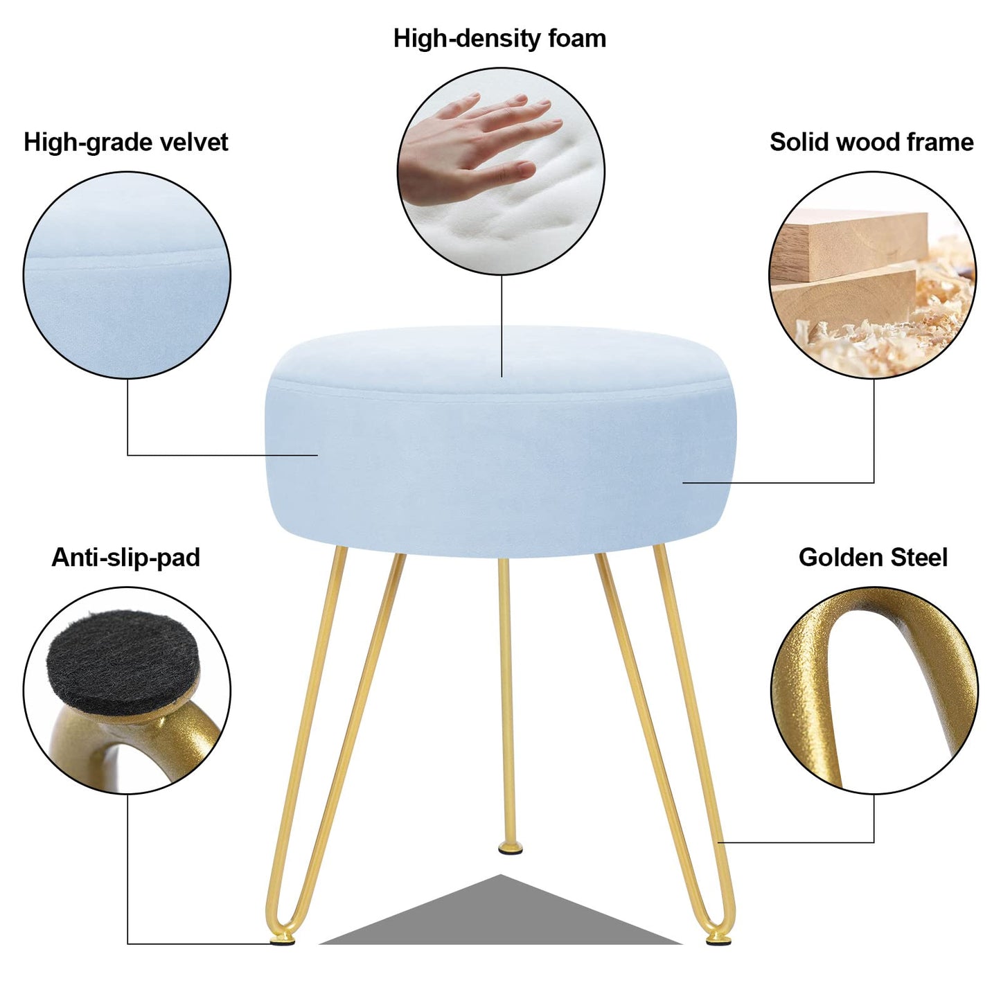GERANT Multifunctional Vanity Stool - Velvet Footrest Stool-Upholstered Chair Stool -Ottoman Round Modern Dressing Chair - Side Coffee Table Seat with Golden Metal Leg for Living Room (Light Blue)