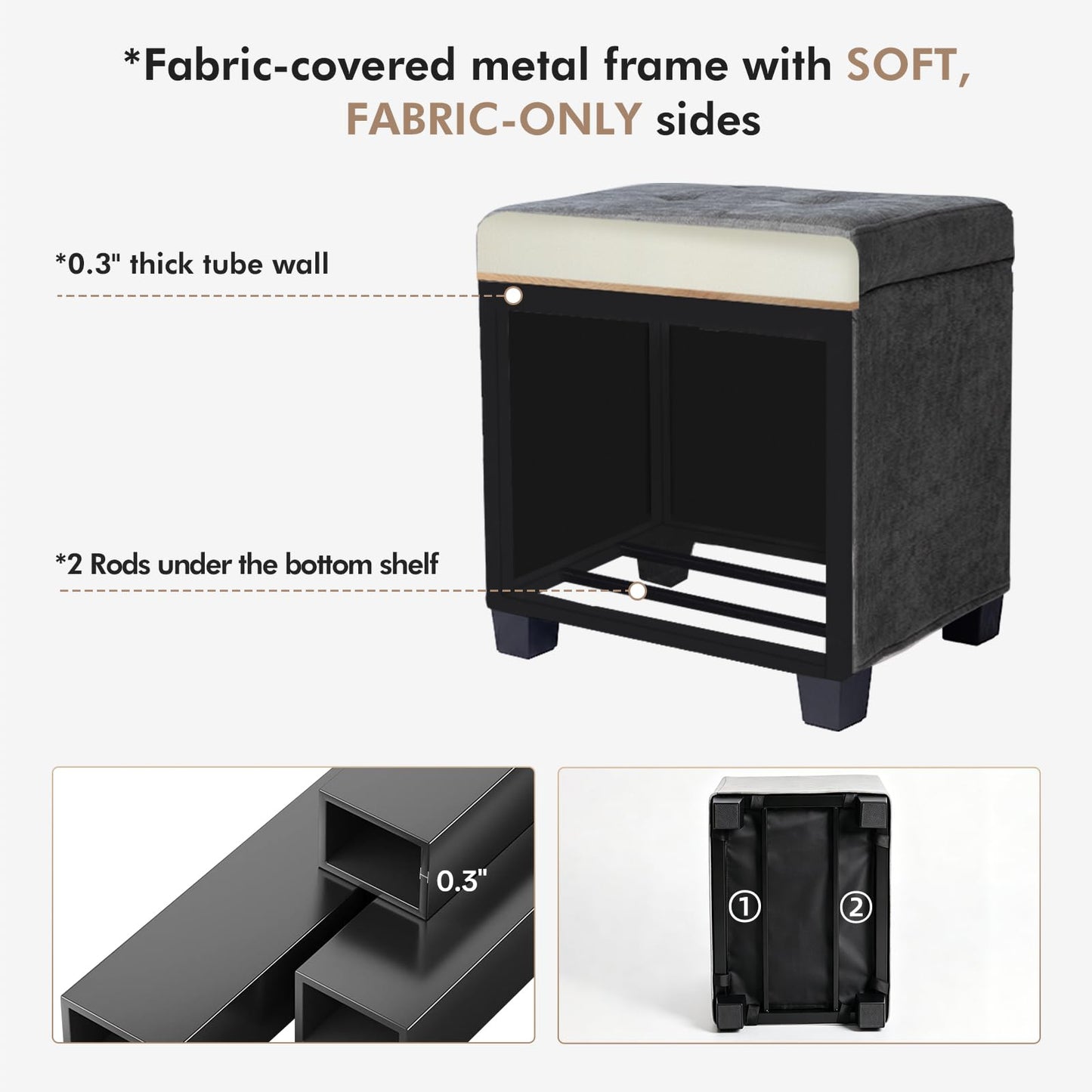 ABHENG Chenille Metal Framed Storage Ottoman,12.2" D x 16.1" W x 17.7" H Tufted Upholstered Ottoman with Storage,Foot Rest Stool with Legs,Holds 770 LB for Dorm Living Room Bedroom Gray UASND70G