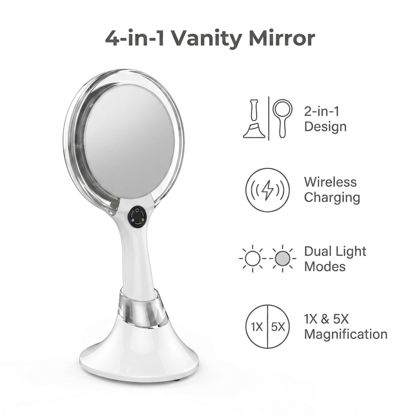 Starlite Handheld Rechargeable Lighted Makeup Mirror with Stand, 1X/5X Magnification, Dual Sided & Vanity Mirror with Bright and Warm Light, Cordless Rechargeable Mirror (White Colour)