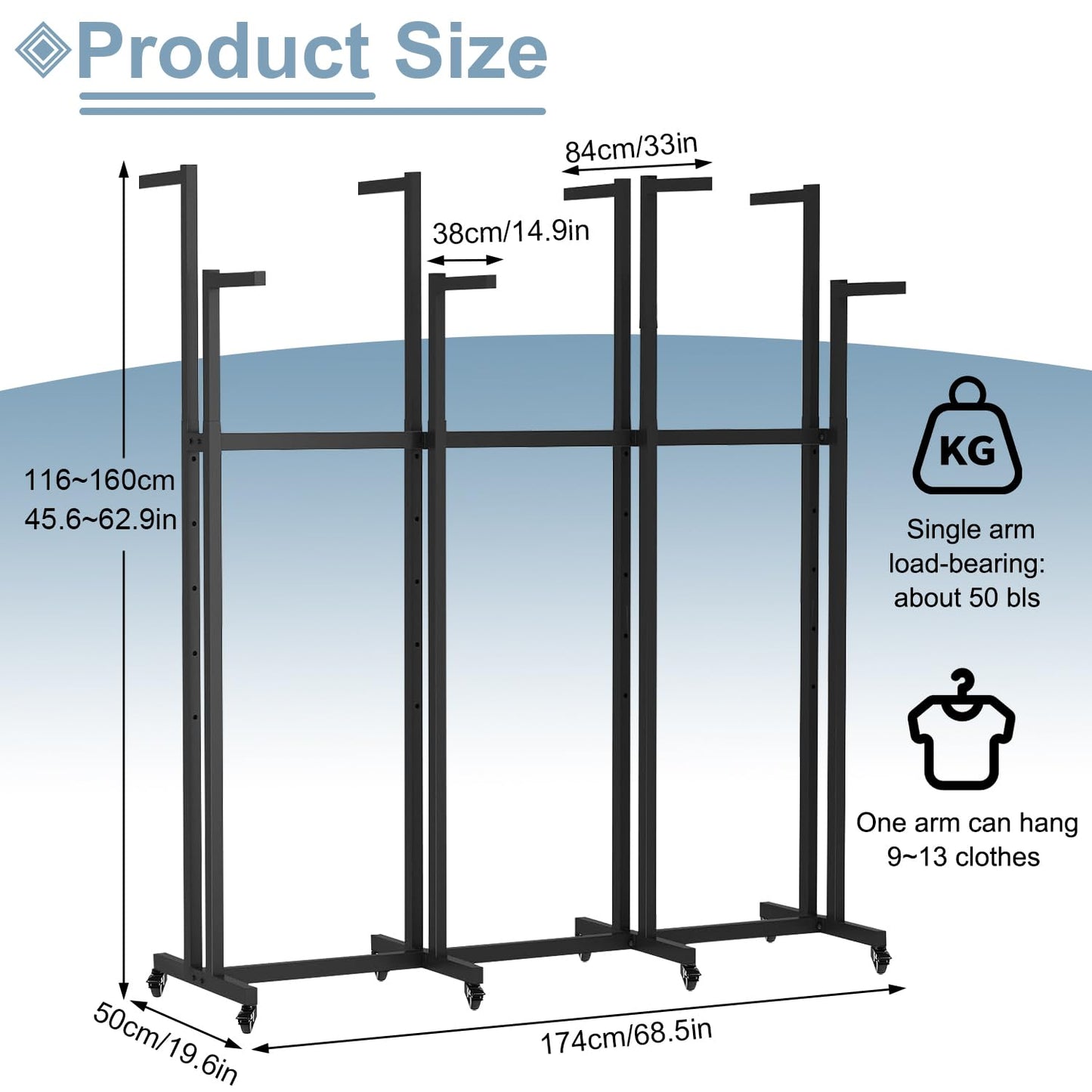 jvsufuik 8 Arm Retail Clothing Rack, Metal Clothing Display Rack for Hanging Clothes, Adjustable Height Shirt Clothes Display Stand Garment Rack with Wheels for Boutiques, Black