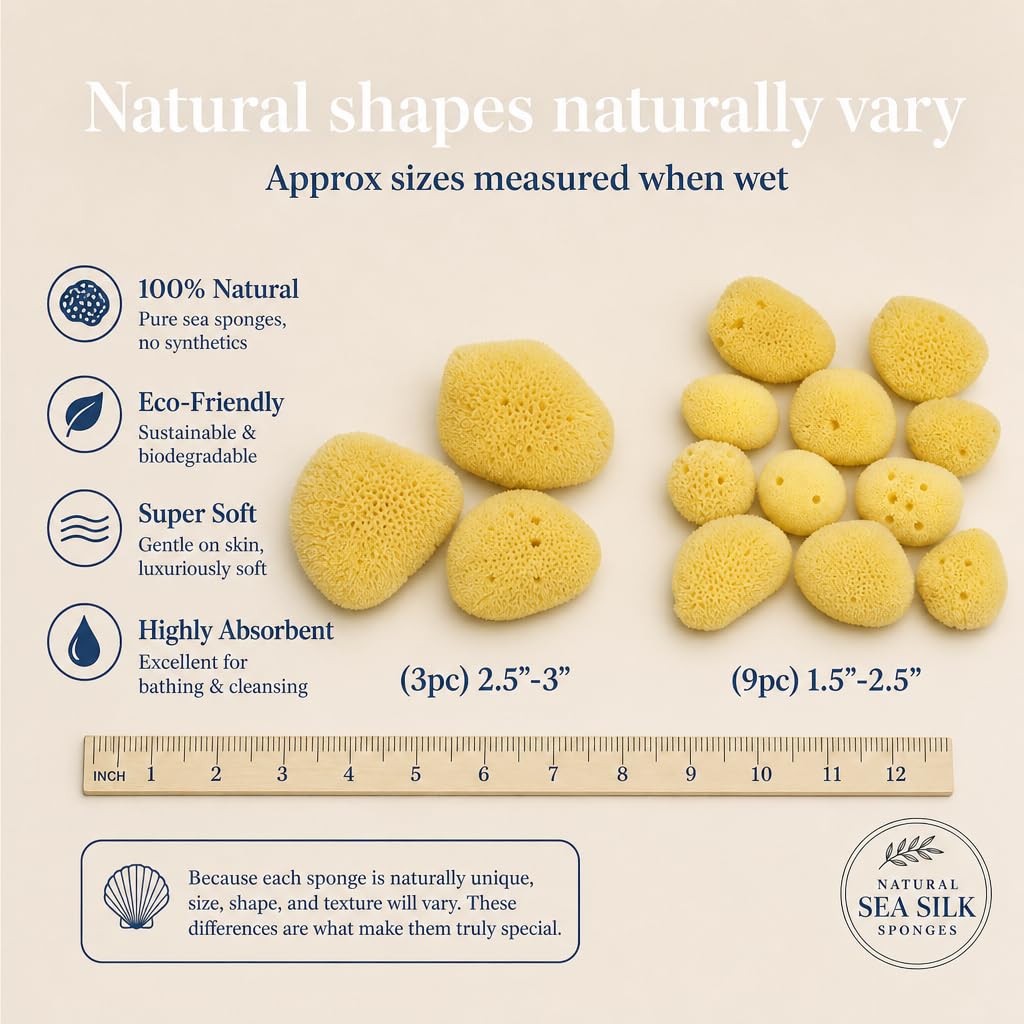 Constantia Beauty® Natural Sea Silk Sponges 12pack, use like Cotton Balls, Cosmetic Grade, Makeup Application Blending & Removal, Face & Eye Cleaning, Size 9pc x1.5"-2.5" 3pc x 2.5"-3" Reuseable Bag