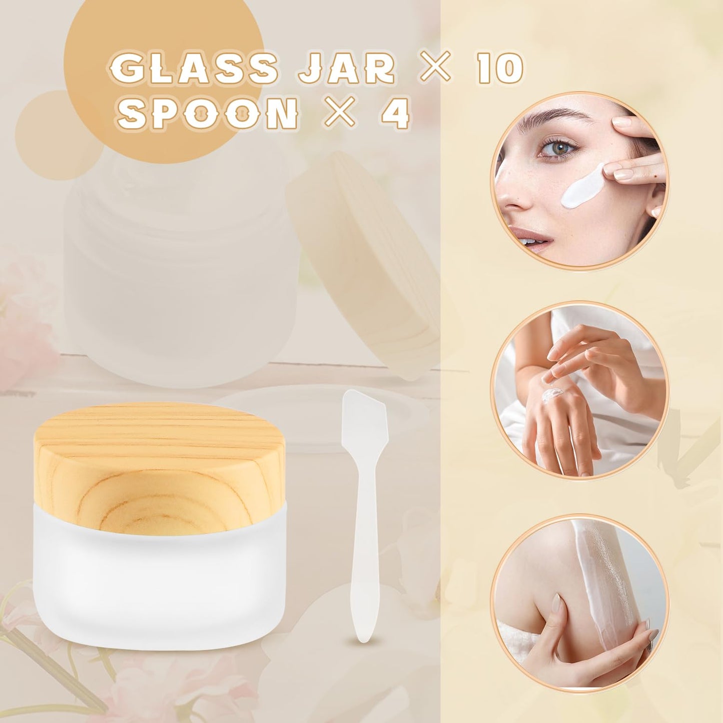 BOSMIOW 10 PCS 30g/1oz Empty Frosted Glass Cream Jars with Wooden Lid and 4 Spatula,Round Cosmetic Containers,Refillable Makeup Bottles for Lotion,Ointment,Moisturizer,Gel,Mud Mask