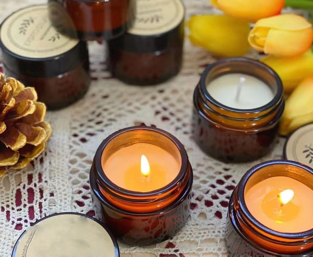 6 Pack, 2 oz 60g Amber Glass Cream Jars with Gold Lids,Empty Round Refillable Cosmetic Containers Travel Jars for Cosmetics,Body Butter,Scrubs,Face Cream Lotion,Ointments,Spice