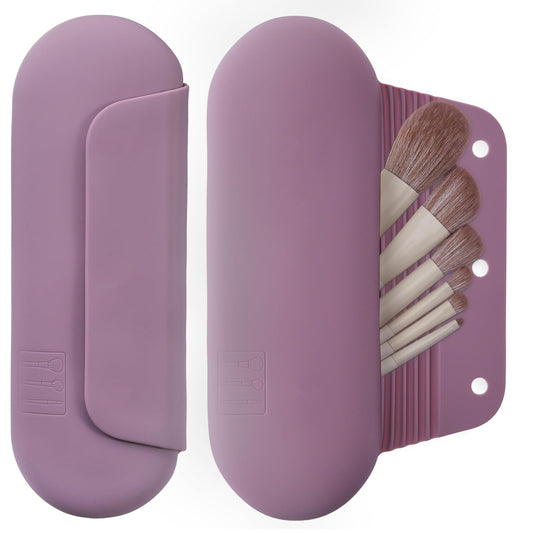 AGIKET Silicone Makeup Brush Holder Travel Cosmetic Bag：Soft Portable Cosmetic Face Brushes Holder with Upgrade Anti-Fall Out Magnetic Closure, Large Travel Makeup Brush Case - Light Purple