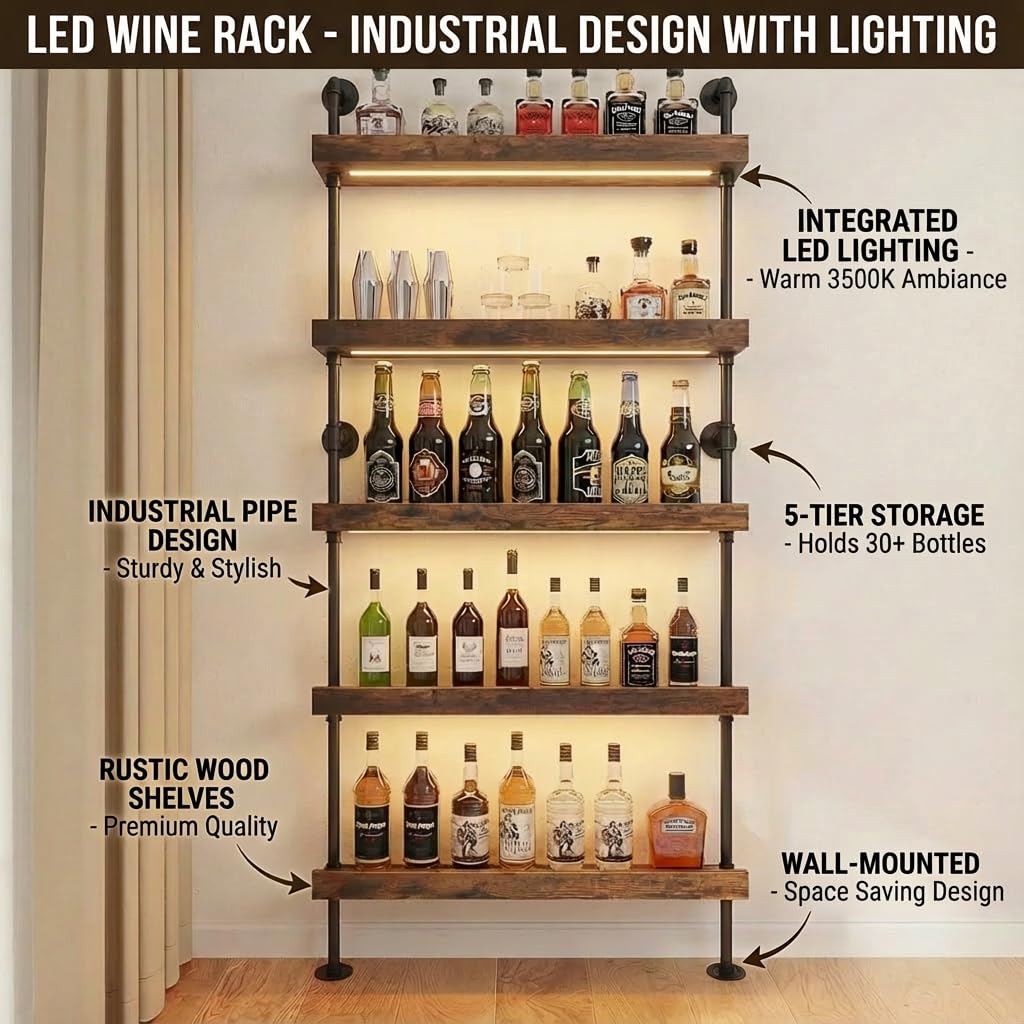 Woskar 5-Tier Wall Mounted Wine Rack with LED, Industrial Pipe Bar Shelf for Wine Bottle Storage, Industrial Pipe Shelves Shelf Shelving for Home Bar Dining Room Kitchen (24INCH-LED)