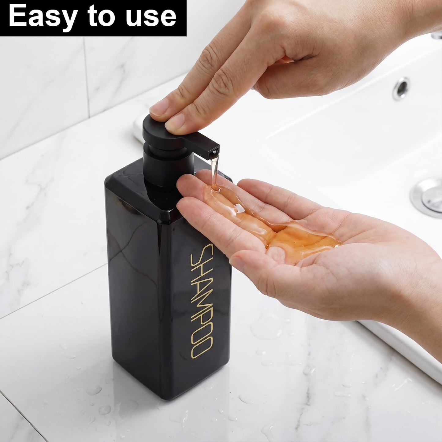 Shampoo and Conditioner Dispenser Shower Soap Bottles 3 Pack 550ml/18.6oz Refillable Shampoo Pump Bottle Dispenser Plastic Empty Body Wash Dispensers with Stylish Permanent Labels for Bathroom (Black)