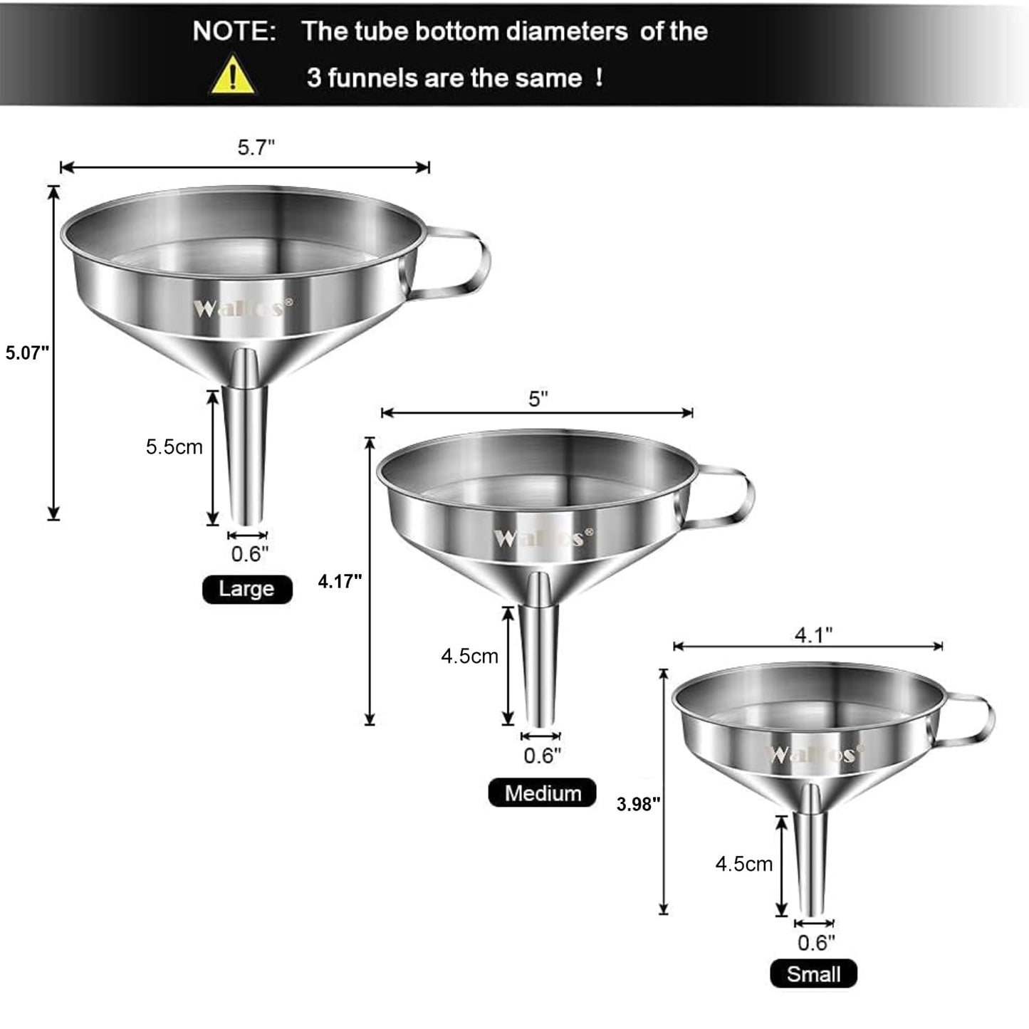 Stainless Steel Funnel, Walfos 3 Pack Kitchen Funnel with 2 Removable Strainer ＆ 1Pcs Cleaning Brush, Perfect for Transferring of Liquid, Oils, Jam, Dry Ingredients & Powder