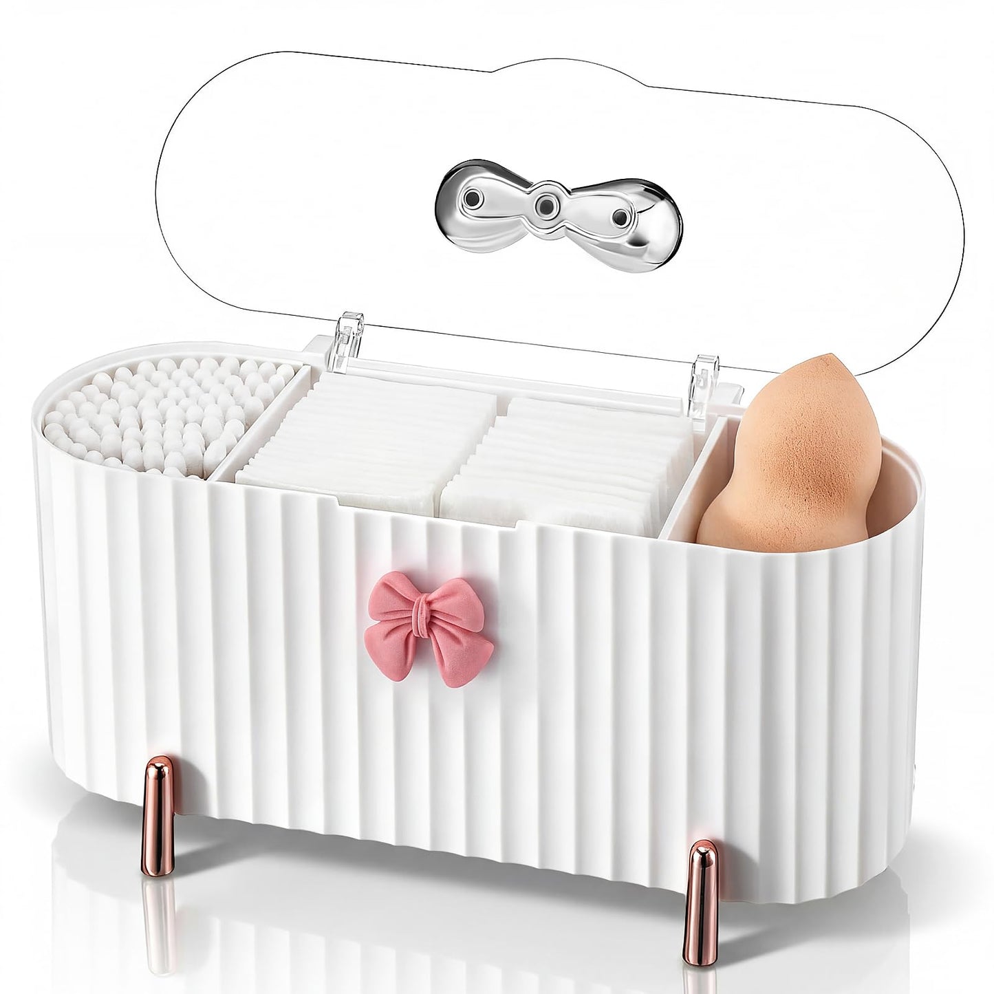 Hushee Coquette Makeup Organizer, 3 Compartment Cotton Pad Holder Dispenser Compatible with Qtip with Bow Cute Ribbed Vanity Storage Box with Clear Lid and Silver Handle for Bathroom Countertop