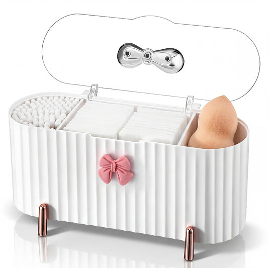 Hushee Coquette Makeup Organizer, 3 Compartment Cotton Pad Holder Dispenser Compatible with Qtip with Bow Cute Ribbed Vanity Storage Box with Clear Lid and Silver Handle for Bathroom Countertop