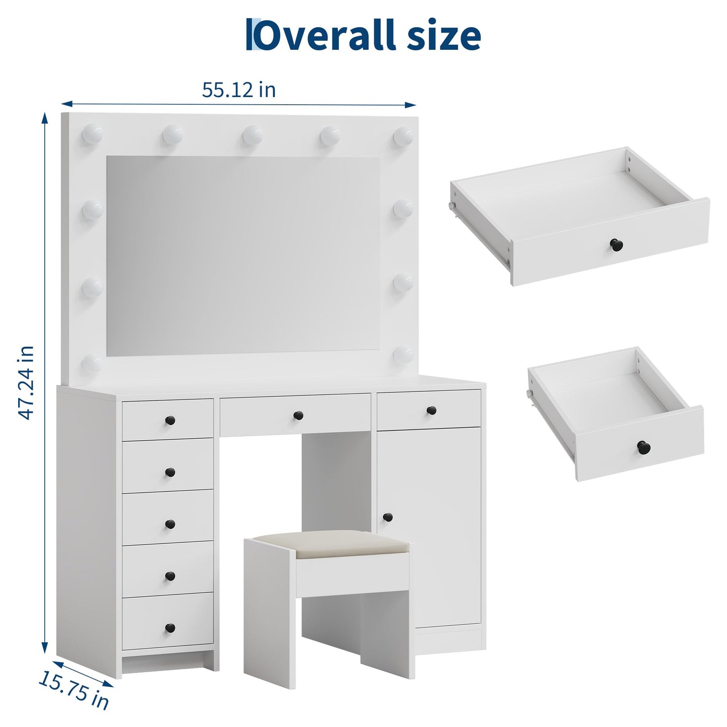 Garvee Makeup Vanity w/Lights Mirror, Desk & Table w/Charger, 7 Drawers, 1 Cabinet, 3 Color Lighting Modes, Wooden Dressing Table for Bedroom, White