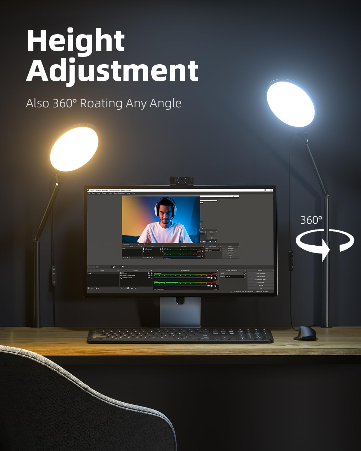 Weilisi 10.2" Desk Ring Light with Stand, 360° Rotate Desk Lamps for Home Office with C-Clamp, Flexible Height Desk Light, Adjust Arm Ring Light for Desk, Podcast, Gaming, Recording, Zoom Lighting