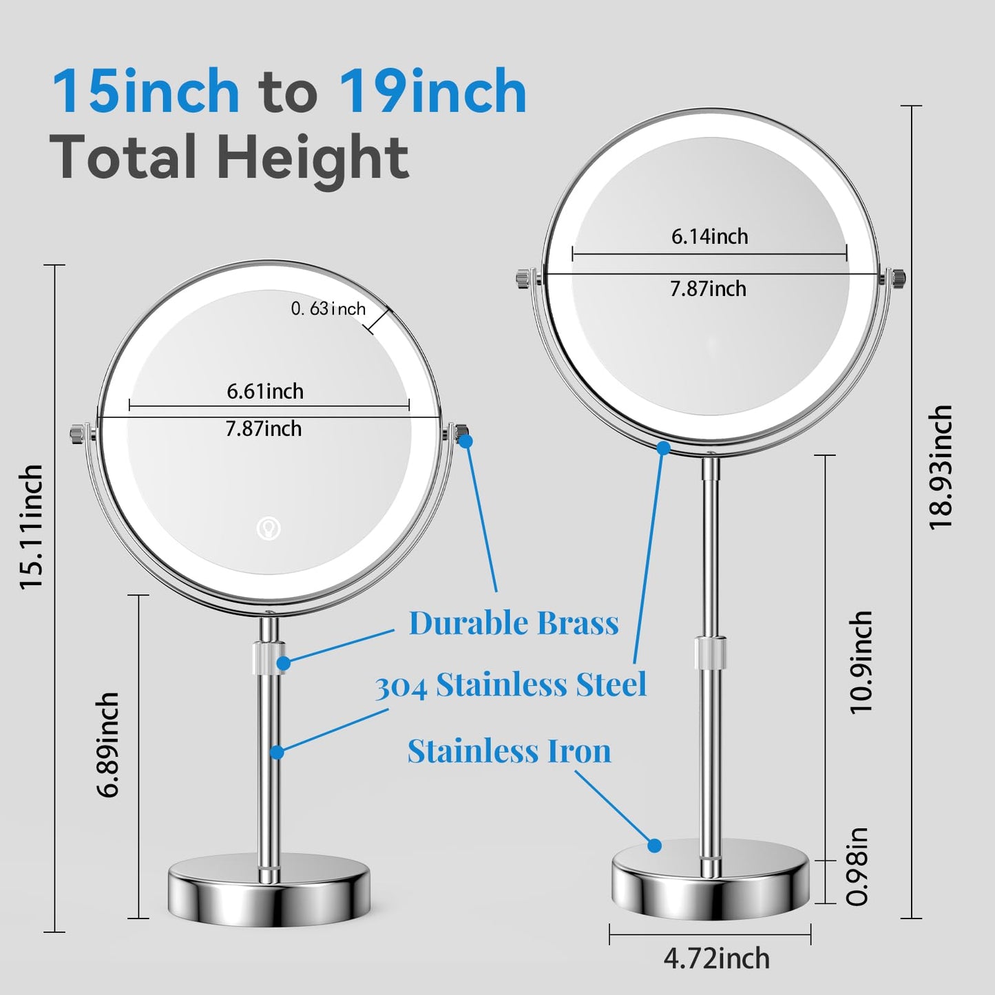 Nicesail LED Lighted Makeup Mirror Tabletop, 10X Magnifying Mirror with 3 Color Lights, Brightness Adjustable Height, Light up for Desk Make up Vanity Table, Double Sided Chrome Finish (8 Inch, 10X)