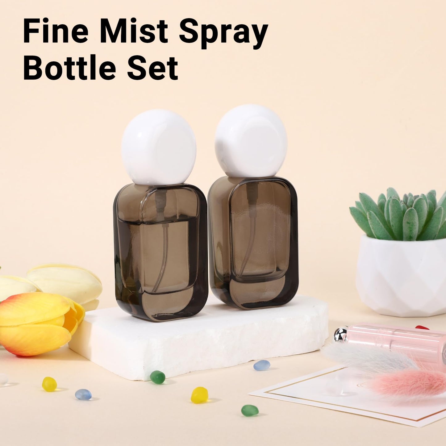 Segbeauty 1oz Fine Mist Glass Travel Perfume Spray Pump Bottles, 2pcs Square Black Refillable Perfume Atomizer with Round Cap, 30ml Empty Cologne Bottle Set, Portable Liquids Container for Travel