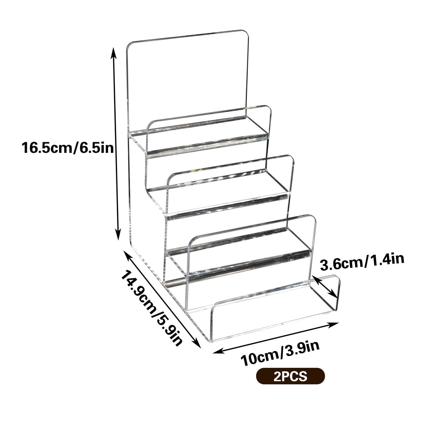 JoyHuaTrade 2 PCS 4 Tier Sticker Display Stand, Clear Stepped Sticker Holder for Vendor Events, Badge Stand Portable Shelf for Greeting Card Postcard Photo Brochure Display