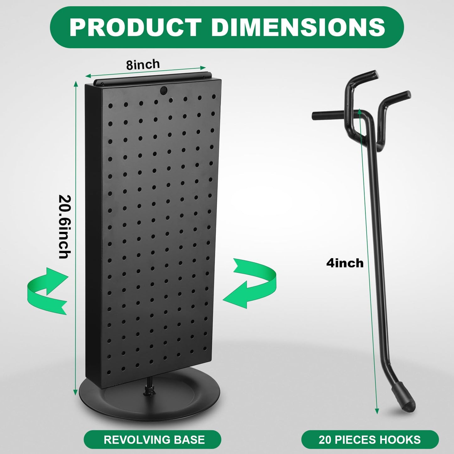 Leinuosen Rotating Display Stand Revolving Black Pegboard Counter Unit 8'' W 20.67'' H 2 Sided Pegboard Display Stand Rack Organizer with 20 Pcs 4'' Hooks for Jewelry Vendor Craft Shows Retail Counter