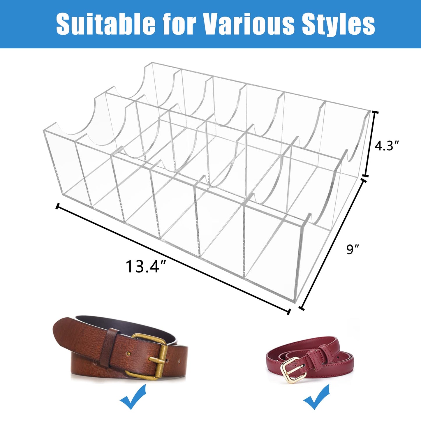 Hlimior Belt Organizer, Acrylic 12 Compartments Belt Container Storage Holder, Acrylic Belt Display Storage Box, Clear Belt Display Case for Closet Tie and Bow Watch Jewelry Bracelets Ring Cosmetic…
