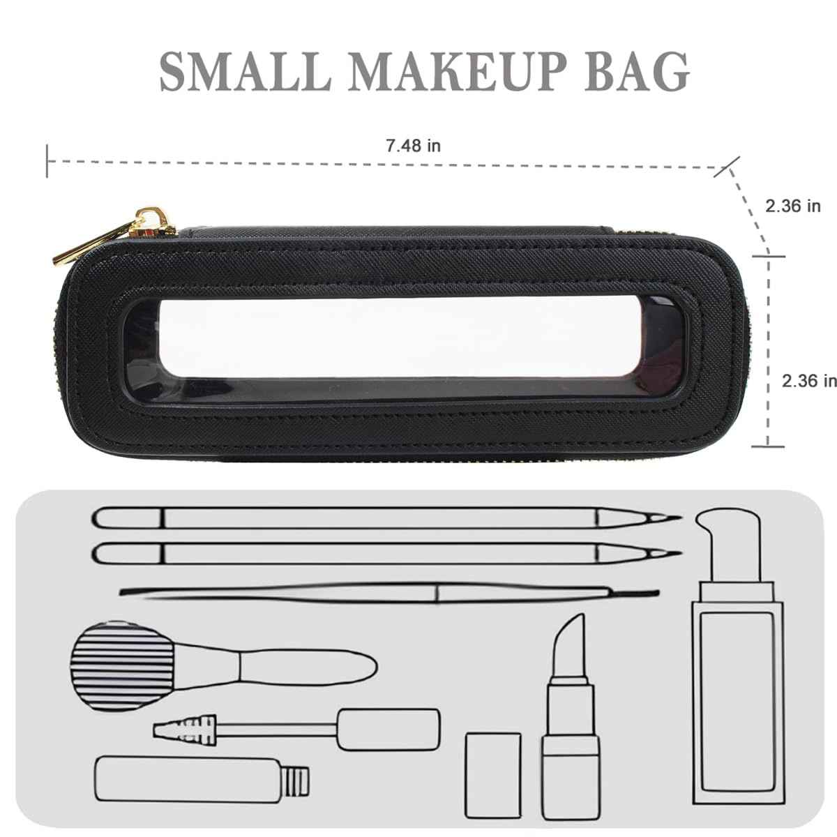 FFpaw Clear Makeup Bag, Small Makeup Bag TSA Approved Toiletry Bag Cosmetic Travel Bag Cute Makeup Bag Organizer Makeup Case Pouch Car Essentials for Women Men (Slim Black)