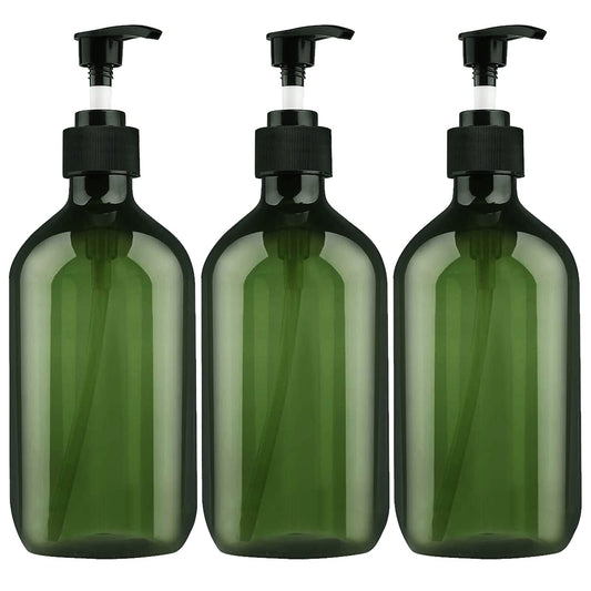 Empty Plastic Bottles with Pump Dispenser and Labels Included, Refillable Travel Containers for Hand sanitizer Shampoo Lotion, etc - No BPA/Parabenf, 500ml/16.9oz (Green, 3 Pack)