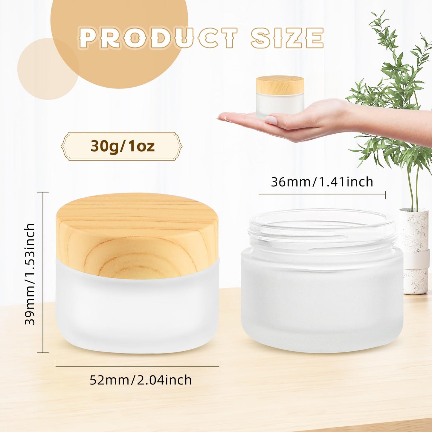 BOSMIOW 10 PCS 30g/1oz Empty Frosted Glass Cream Jars with Wooden Lid and 4 Spatula,Round Cosmetic Containers,Refillable Makeup Bottles for Lotion,Ointment,Moisturizer,Gel,Mud Mask