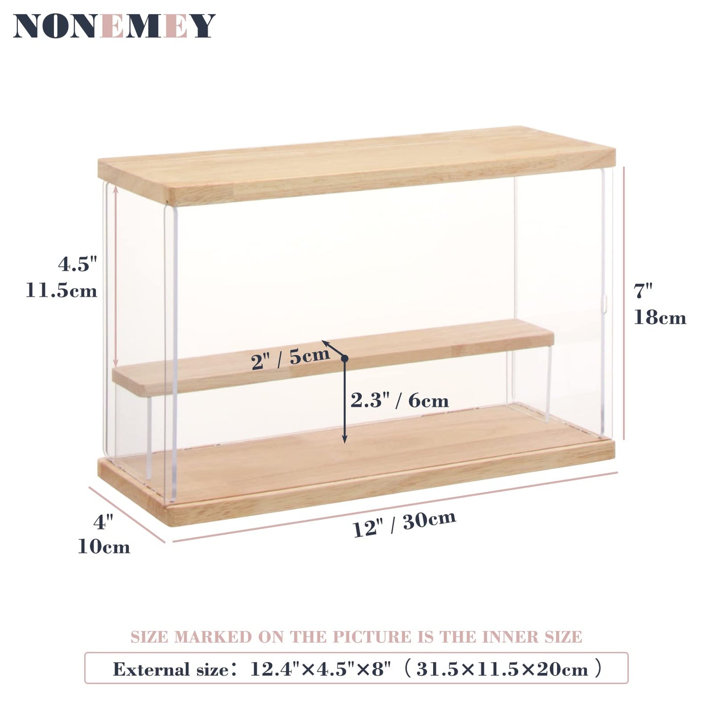 NONEMEY Acrylic Display Case with Light, Upgraded 3 Color Light & Adjustable Brightness Showcase , 2 Tier Dustproof Clear Toy Organizer Box for Action Figures, Collectibles, 12x4x7In