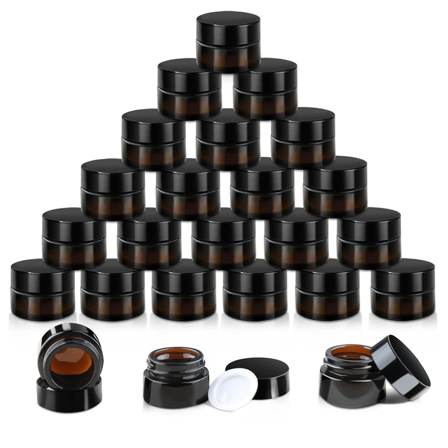 24 Pack 5g Amber Glass Cream Jars Round Cosmetic Vials Pot Refillable Makeup Bottle Containers with Lids&Inner Liners for Lotion Cream Ointments Lip Balm Eyeshadow Slime