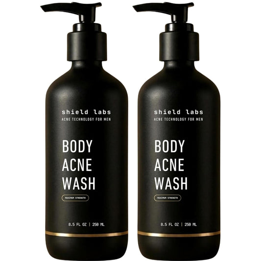 Shield Body Acne Wash for Back, Chest & Shoulders - Men's 10% Benzoyl Peroxide Body Wash, Clears Breakouts & Acne Scars – Unscented with Niacinamide, Glycolic Acid & Ceramides, 8.5 oz - Pack of 2